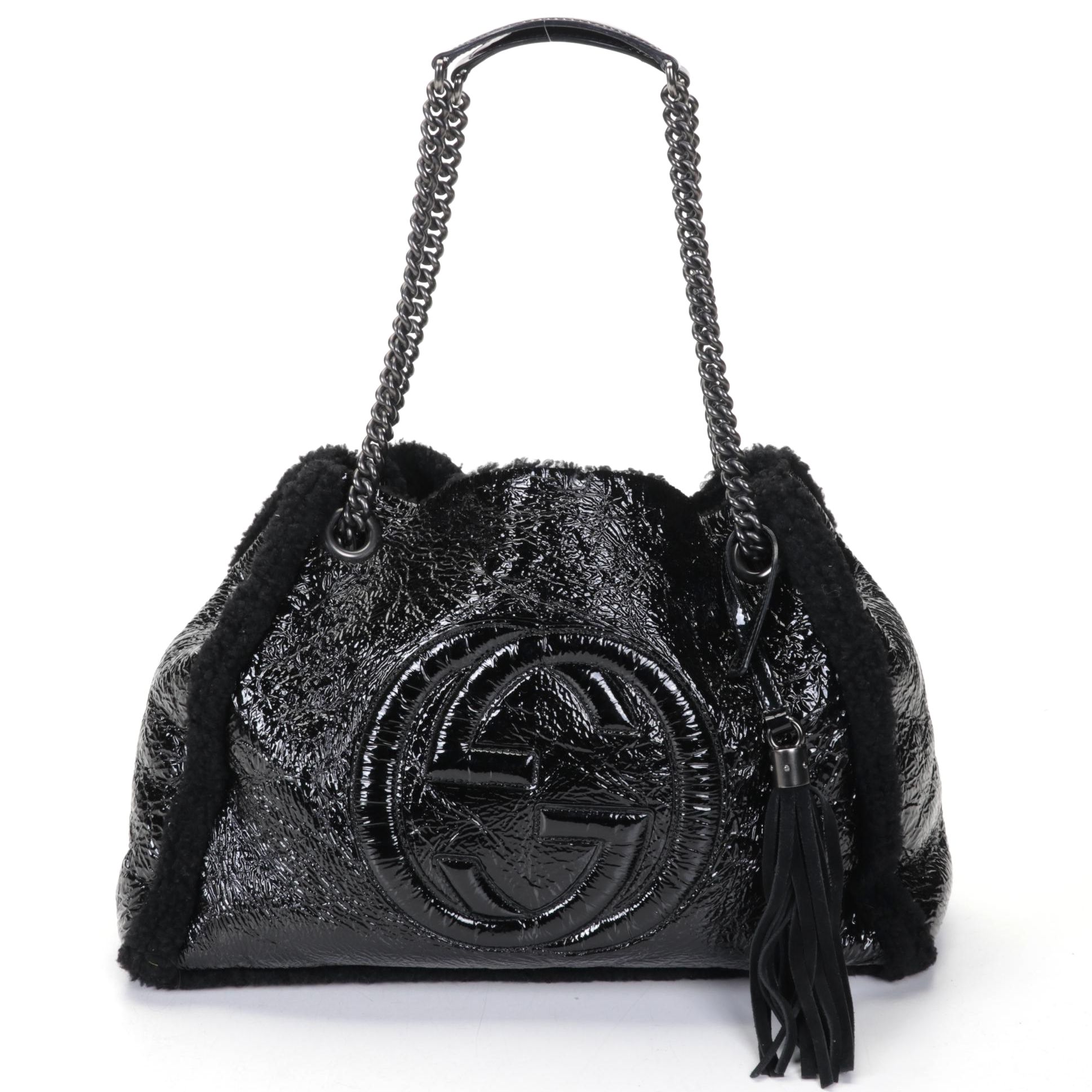 Gucci Crushed Black Patent Leather and Shearling Soho Chain Tote Bag