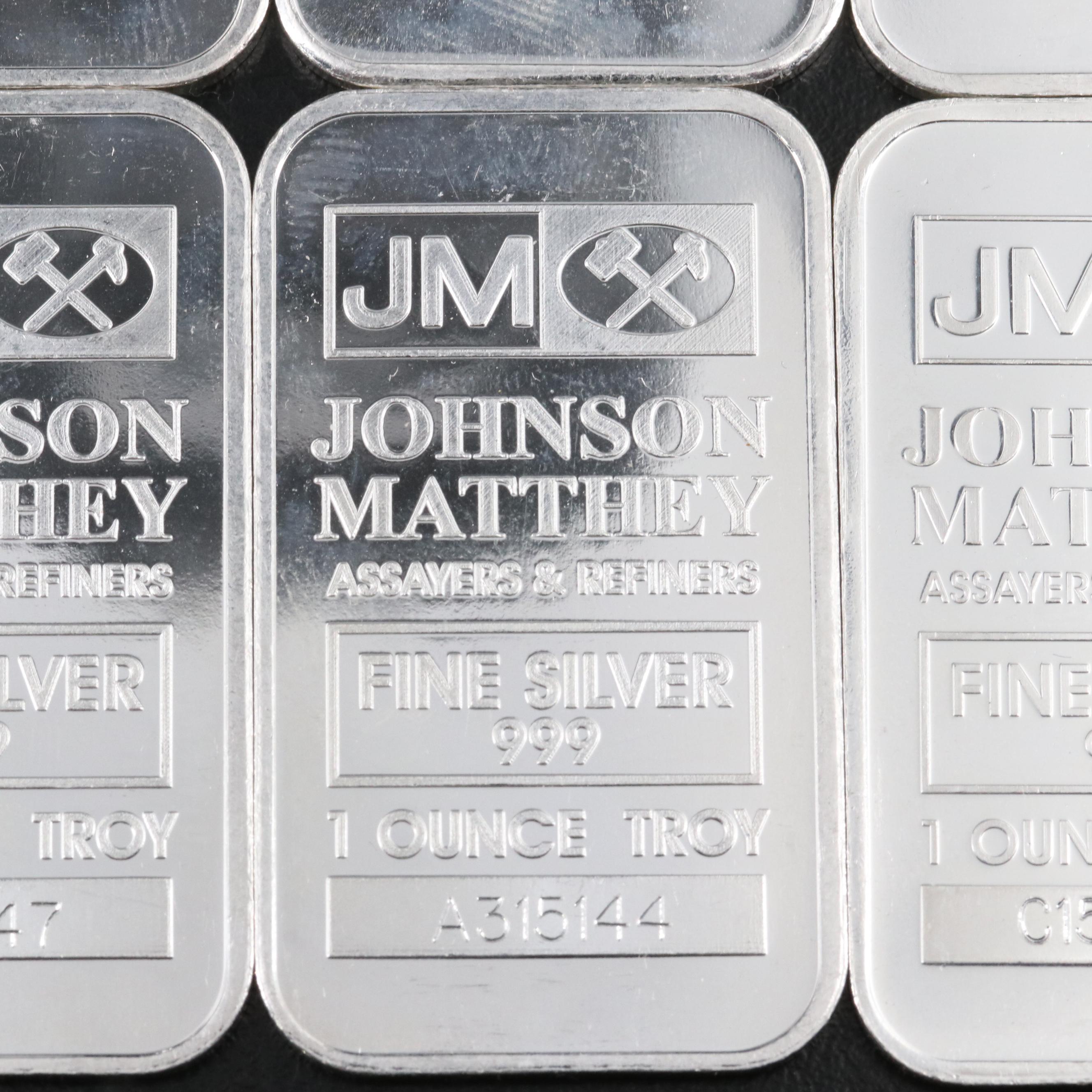 Group of Ten JM Silver One Ounce .999 Silver Bars