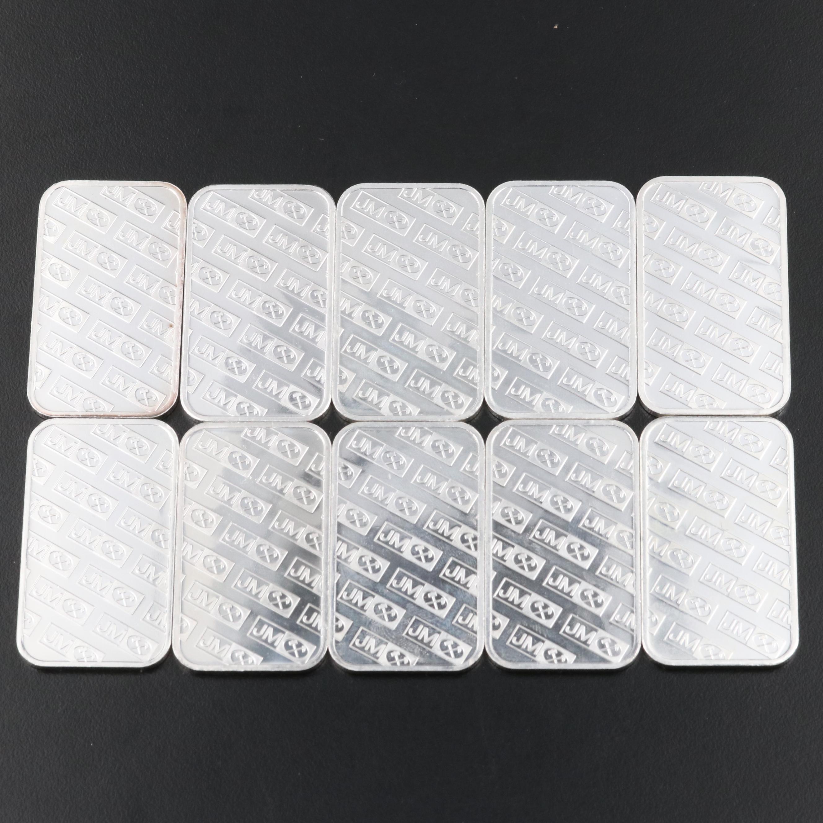 Group of Ten JM Silver One Ounce .999 Silver Bars