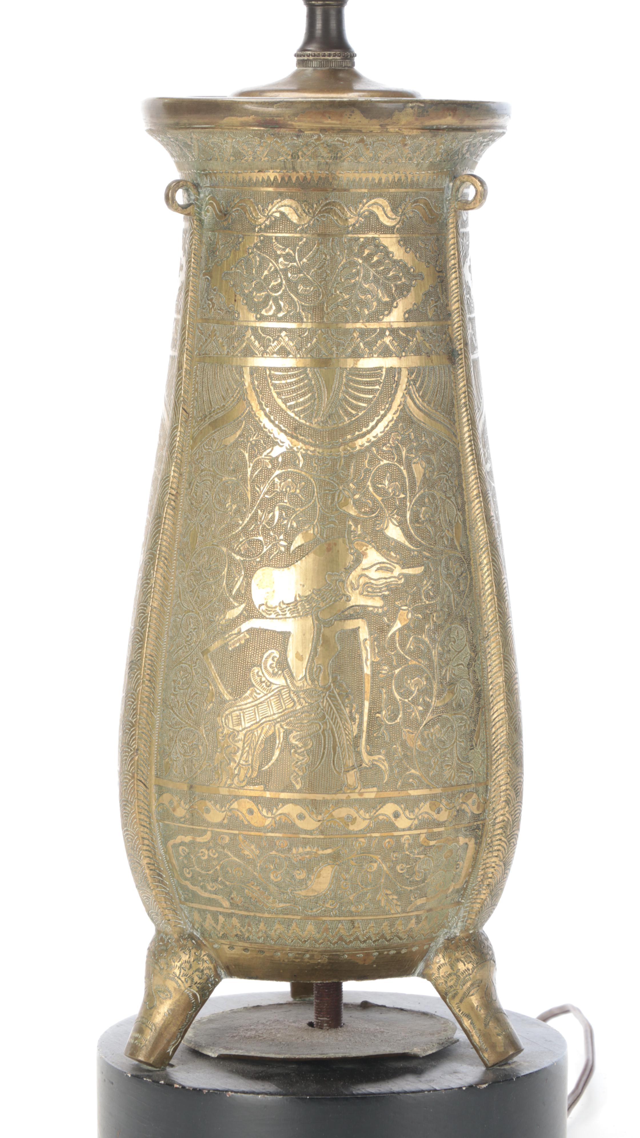 Balinese Motif Etched Brass Vase Adapted as Table Lamp, Mid /Late 20th C