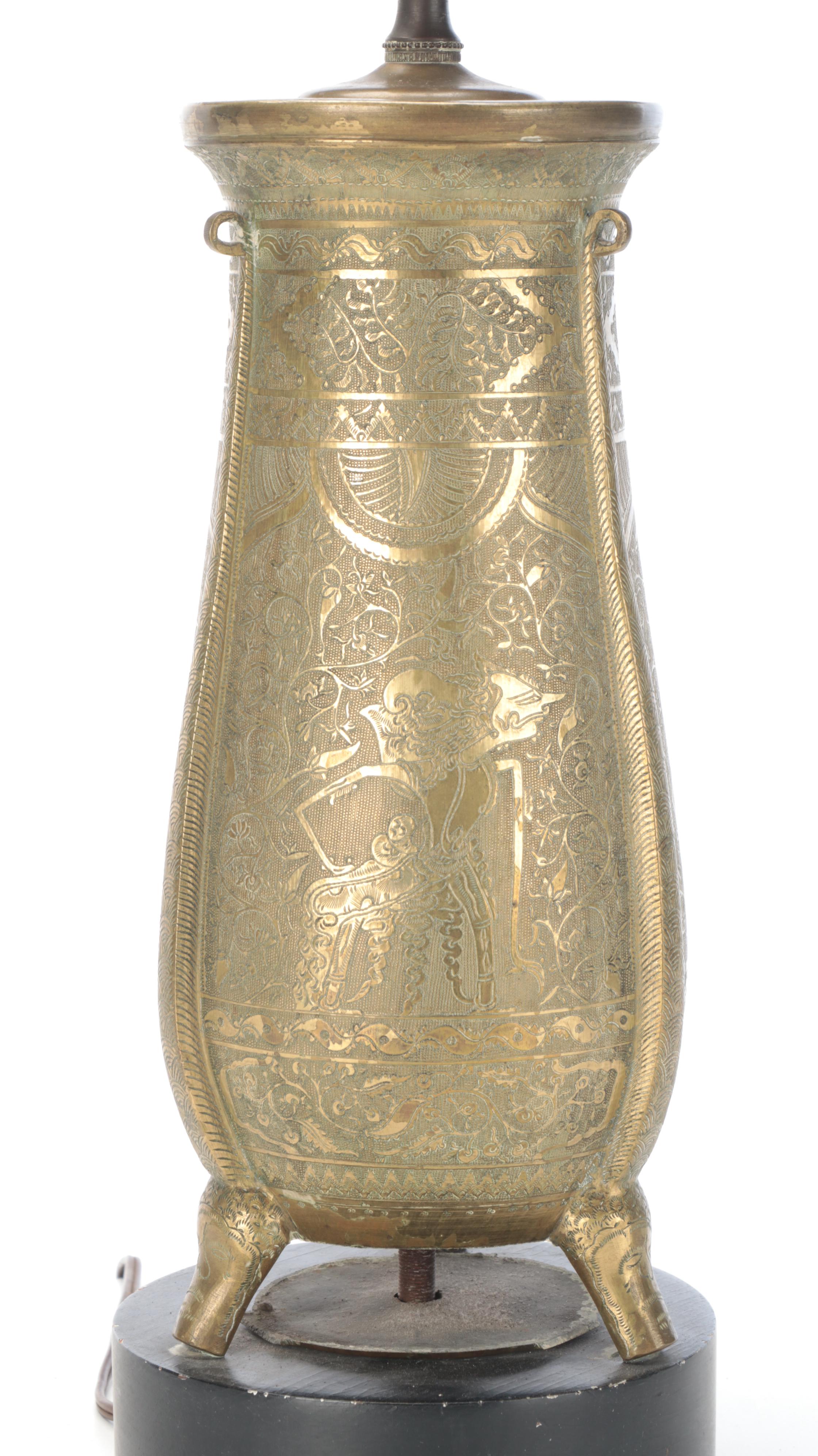 Balinese Motif Etched Brass Vase Adapted as Table Lamp, Mid /Late 20th C