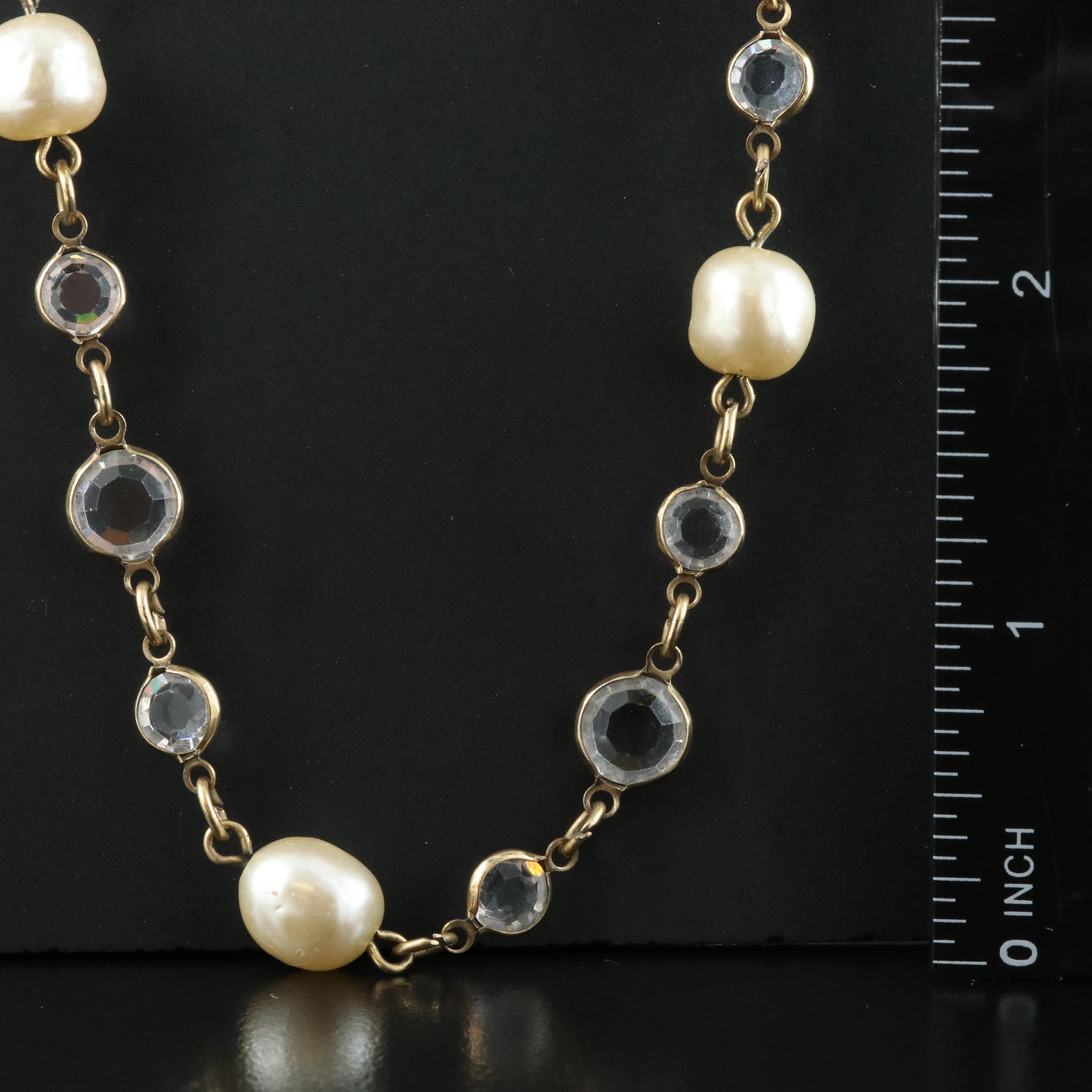 Chanel Paris 1981 Crystal and Faux Pearl Sautoir Chicklet Necklace