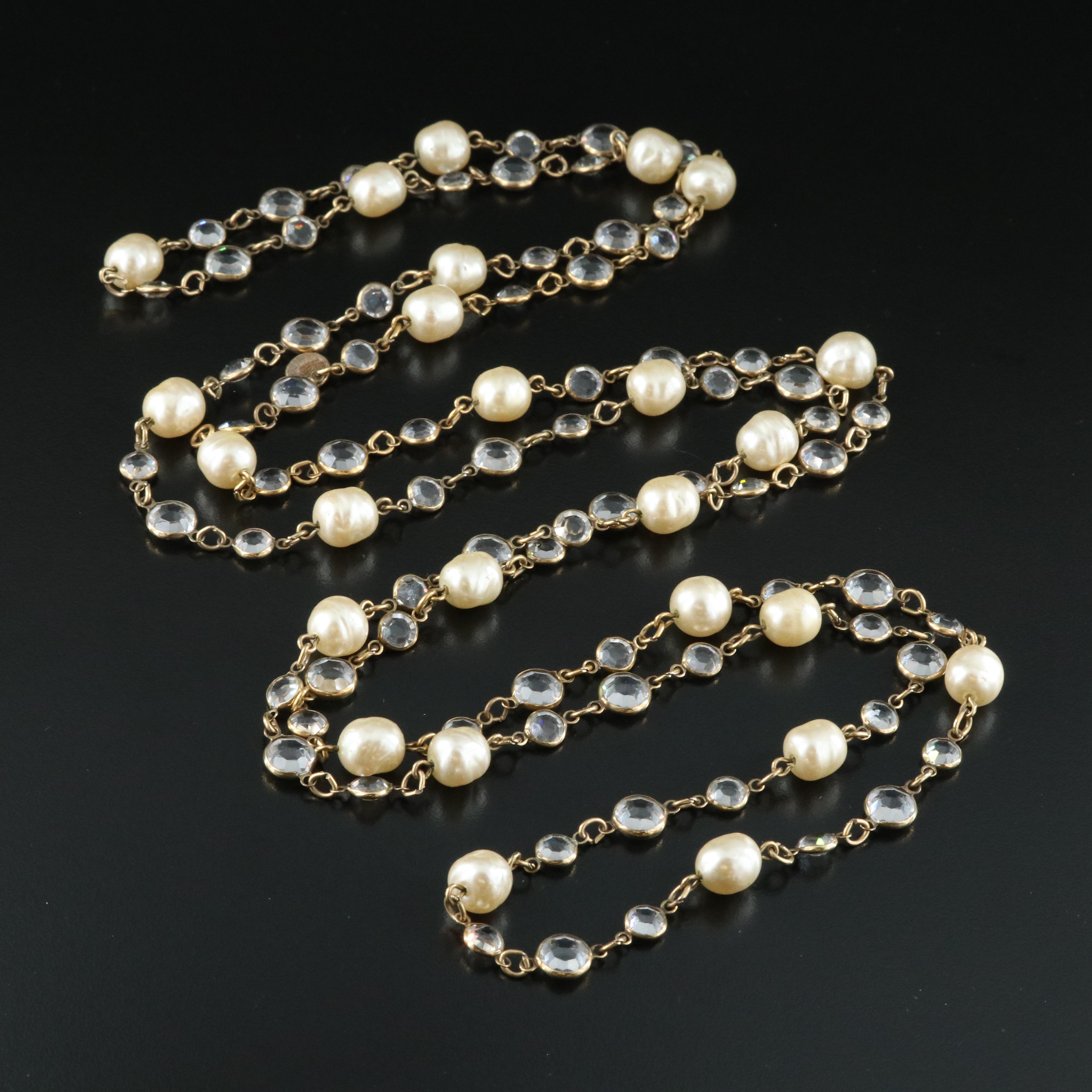 Chanel Paris 1981 Crystal and Faux Pearl Sautoir Chicklet Necklace