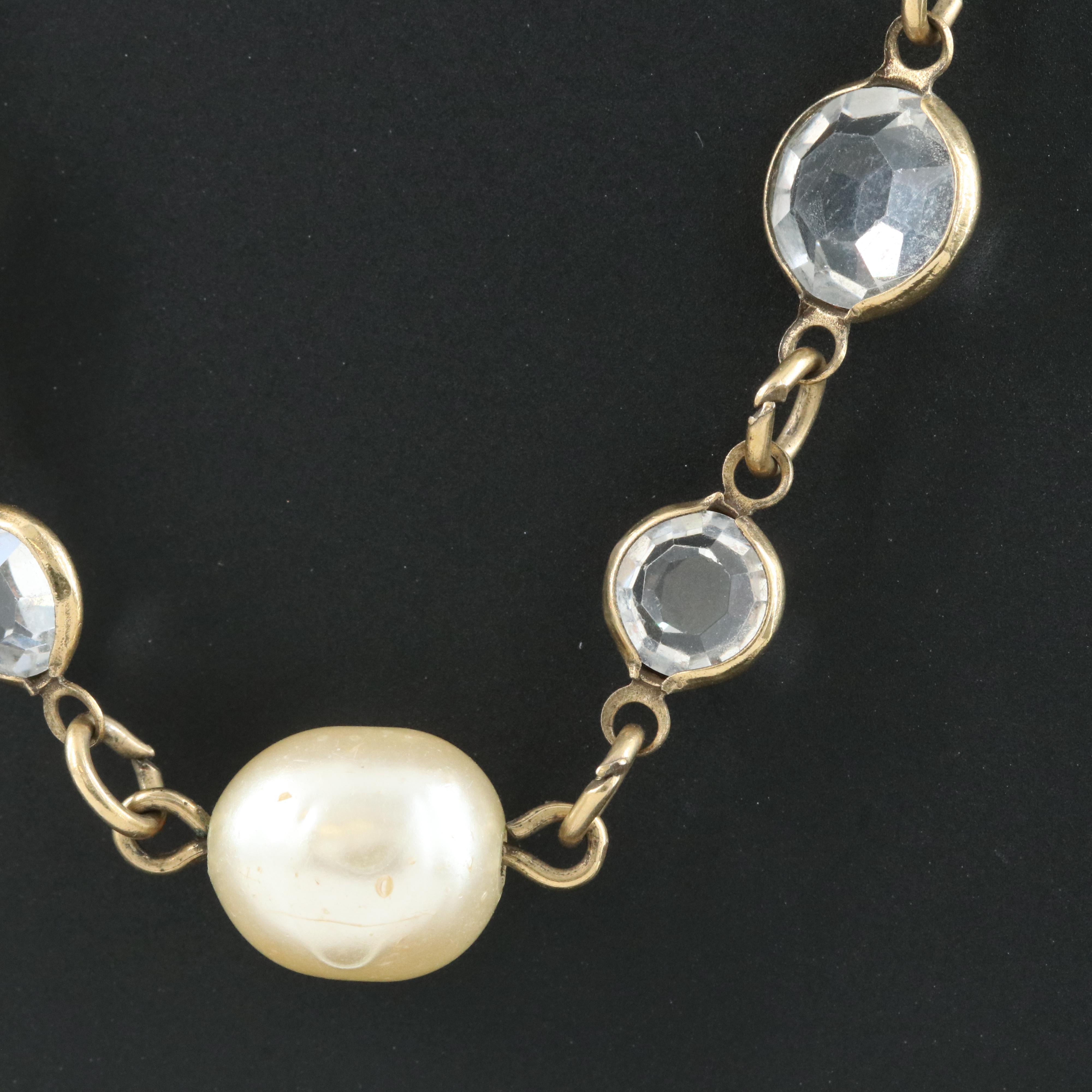 Chanel Paris 1981 Crystal and Faux Pearl Sautoir Chicklet Necklace