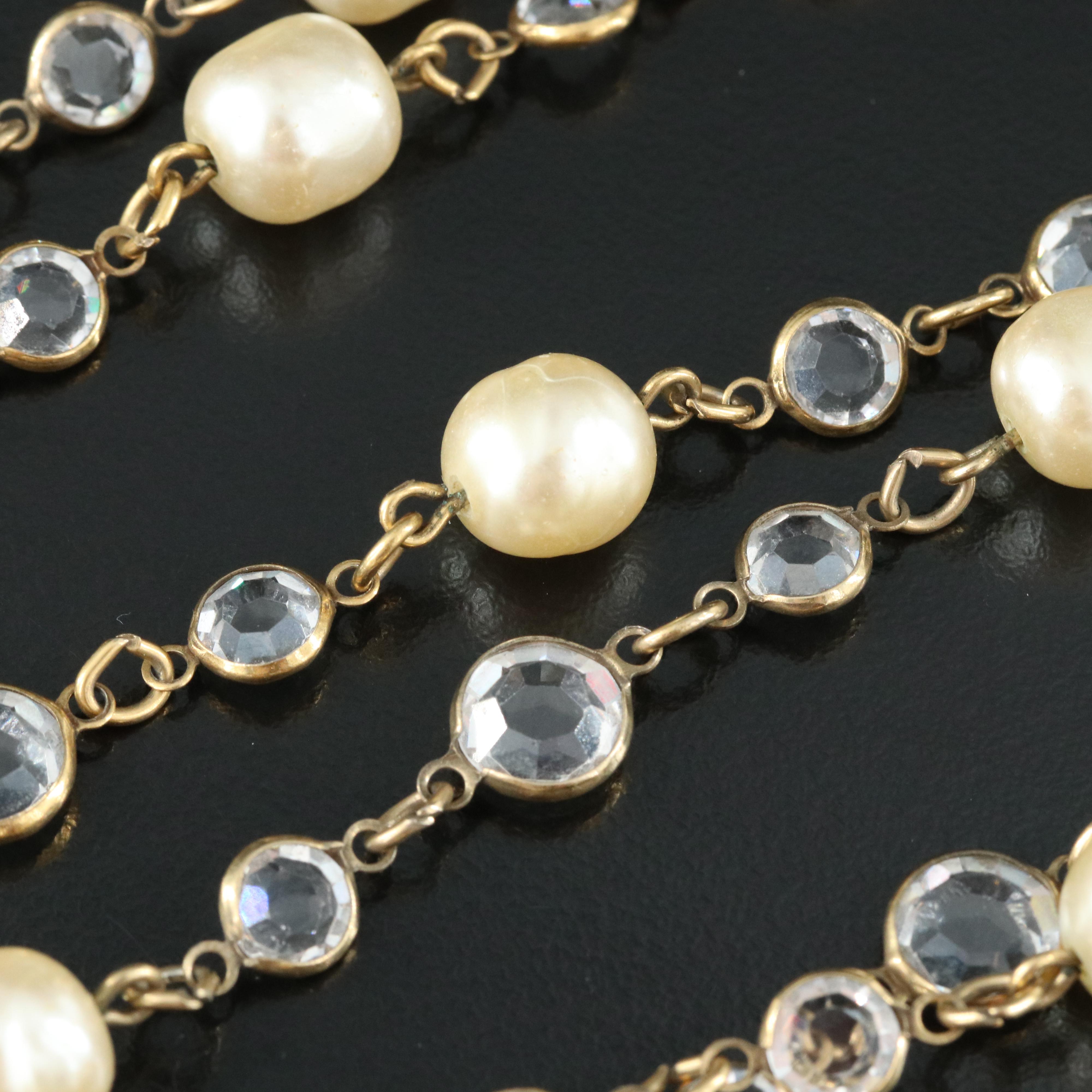 Chanel Paris 1981 Crystal and Faux Pearl Sautoir Chicklet Necklace