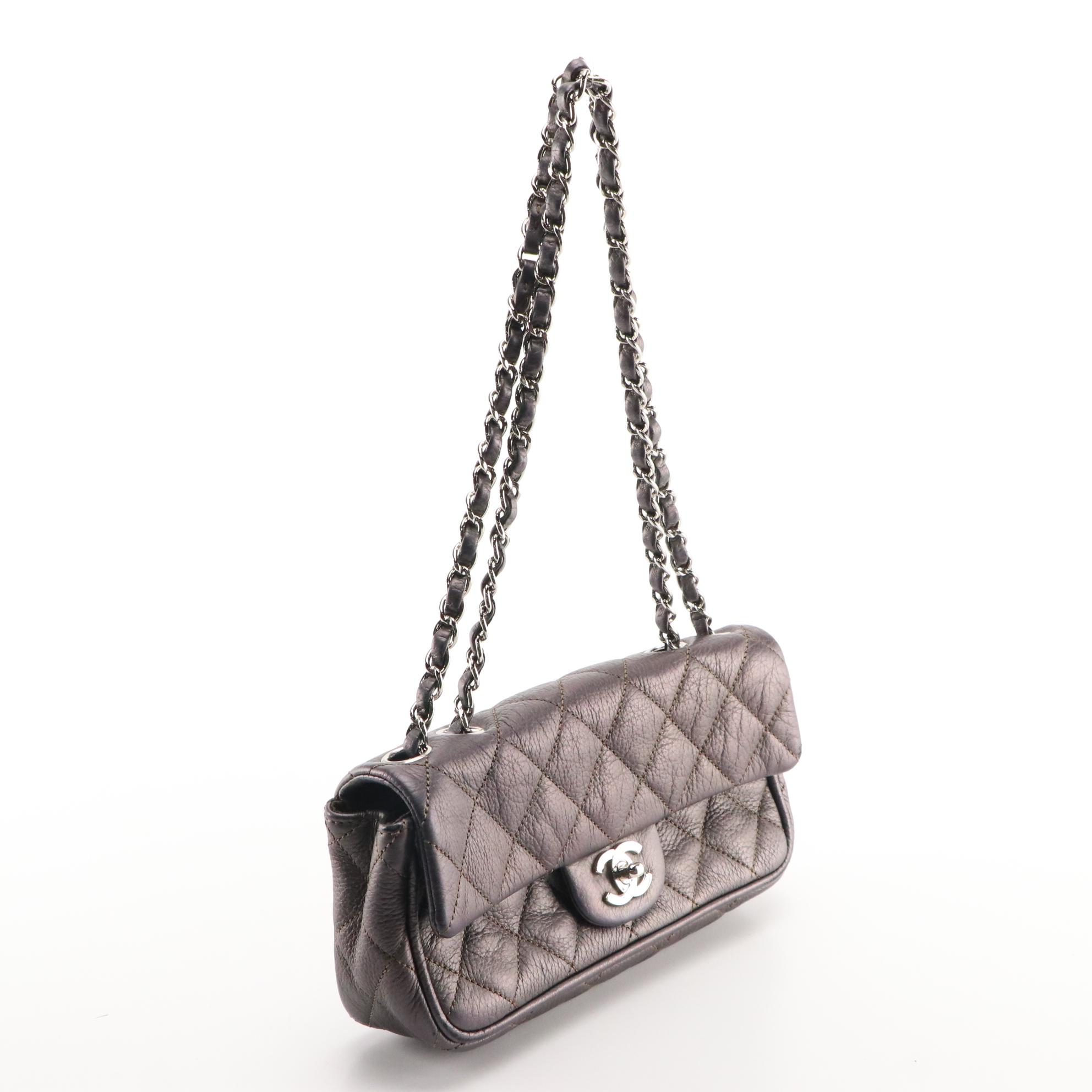 Chanel Quilted Metallic Leather CC Turnlock Flap Bag with Interwoven Strap