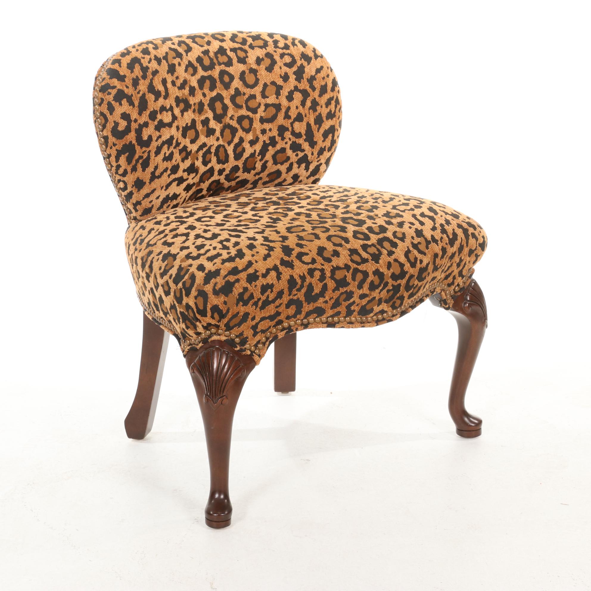 Contemporary Brass-Tacked Leopard Print and Cherry-Stained Wood Vanity Chair