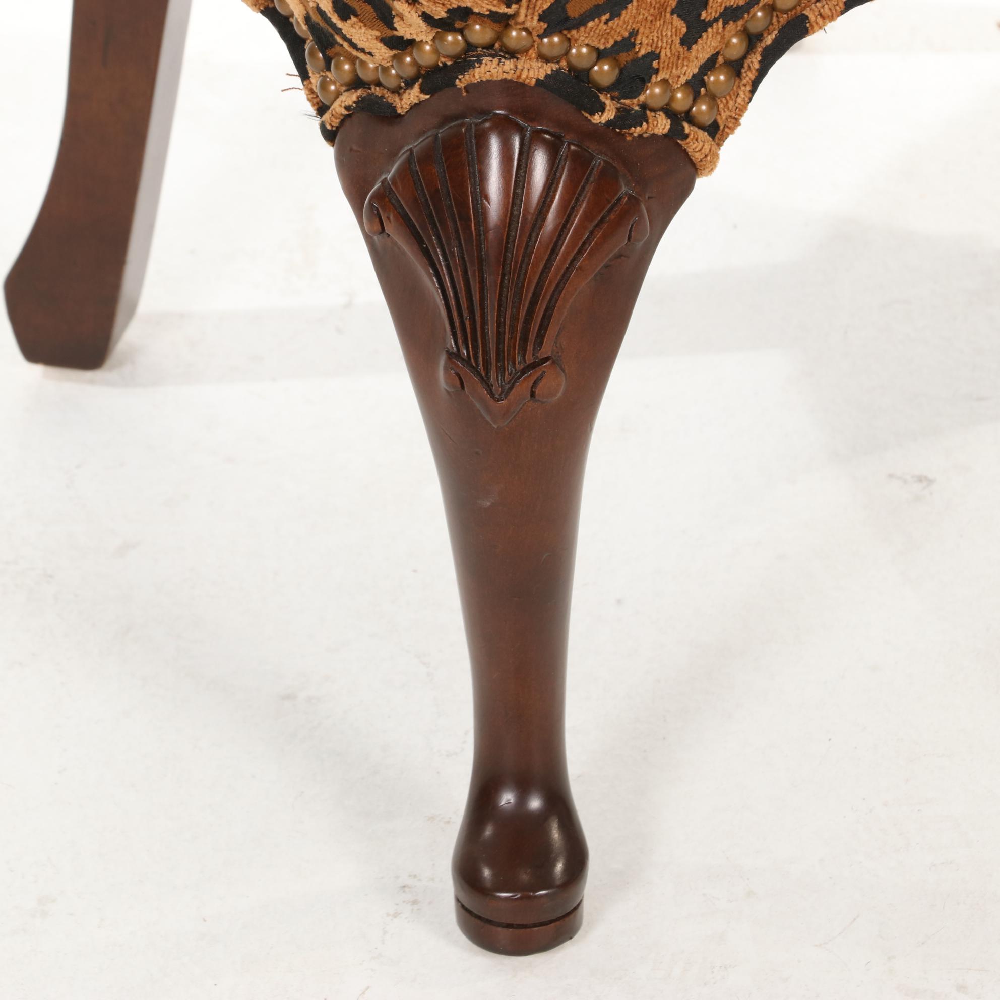 Contemporary Brass-Tacked Leopard Print and Cherry-Stained Wood Vanity Chair