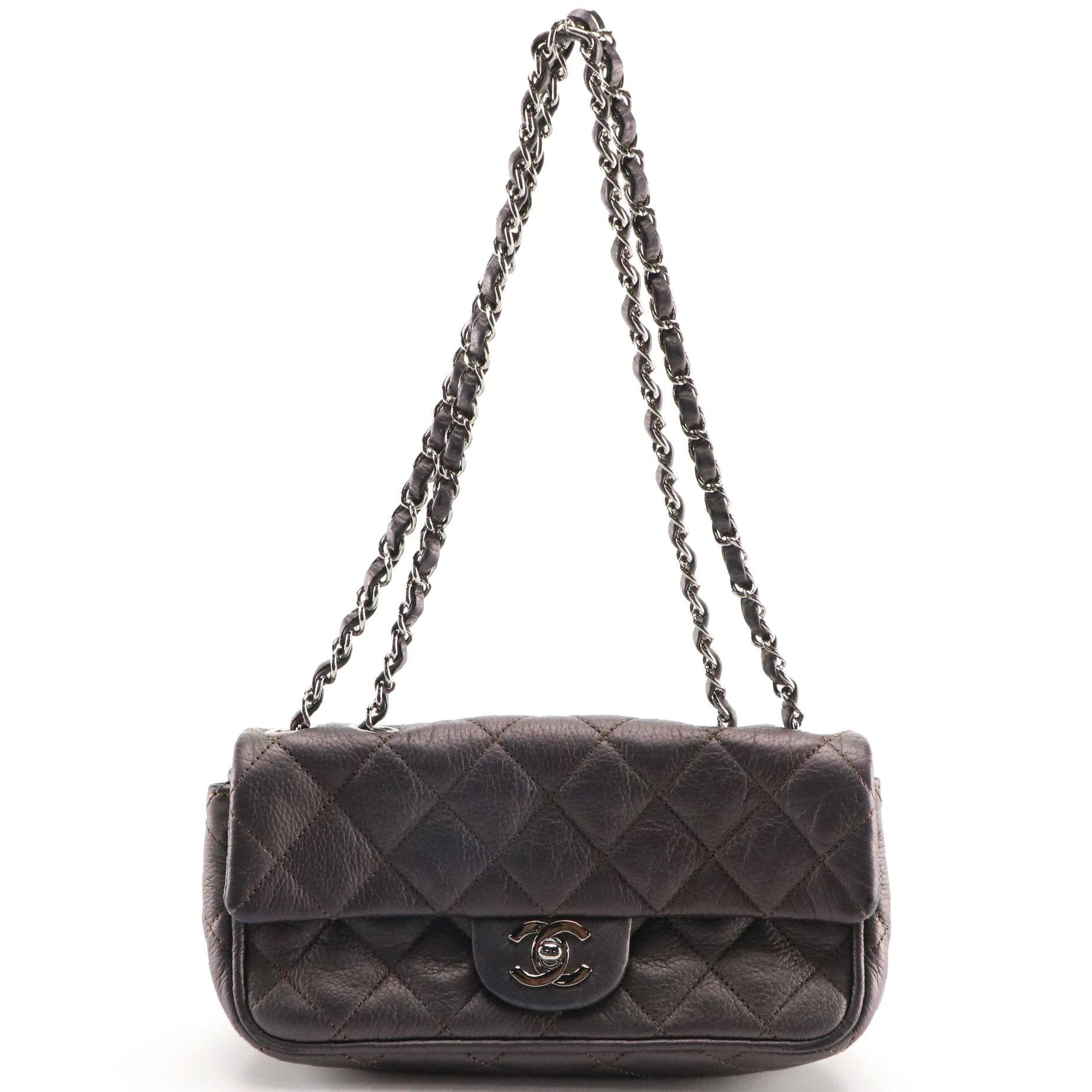 Chanel Quilted Metallic Leather CC Turnlock Flap Bag with Interwoven Strap