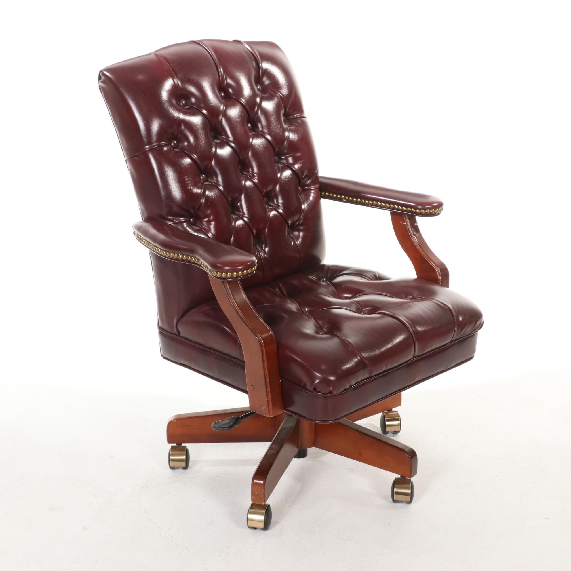 Burgundy Button-Tufted Faux Leather and Mahogany-Stained Adjustable Desk Chair