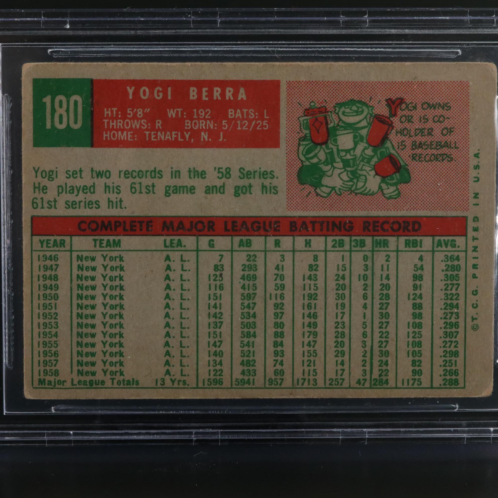 1959 Topps Yogi Berra Graded BVG 3.5