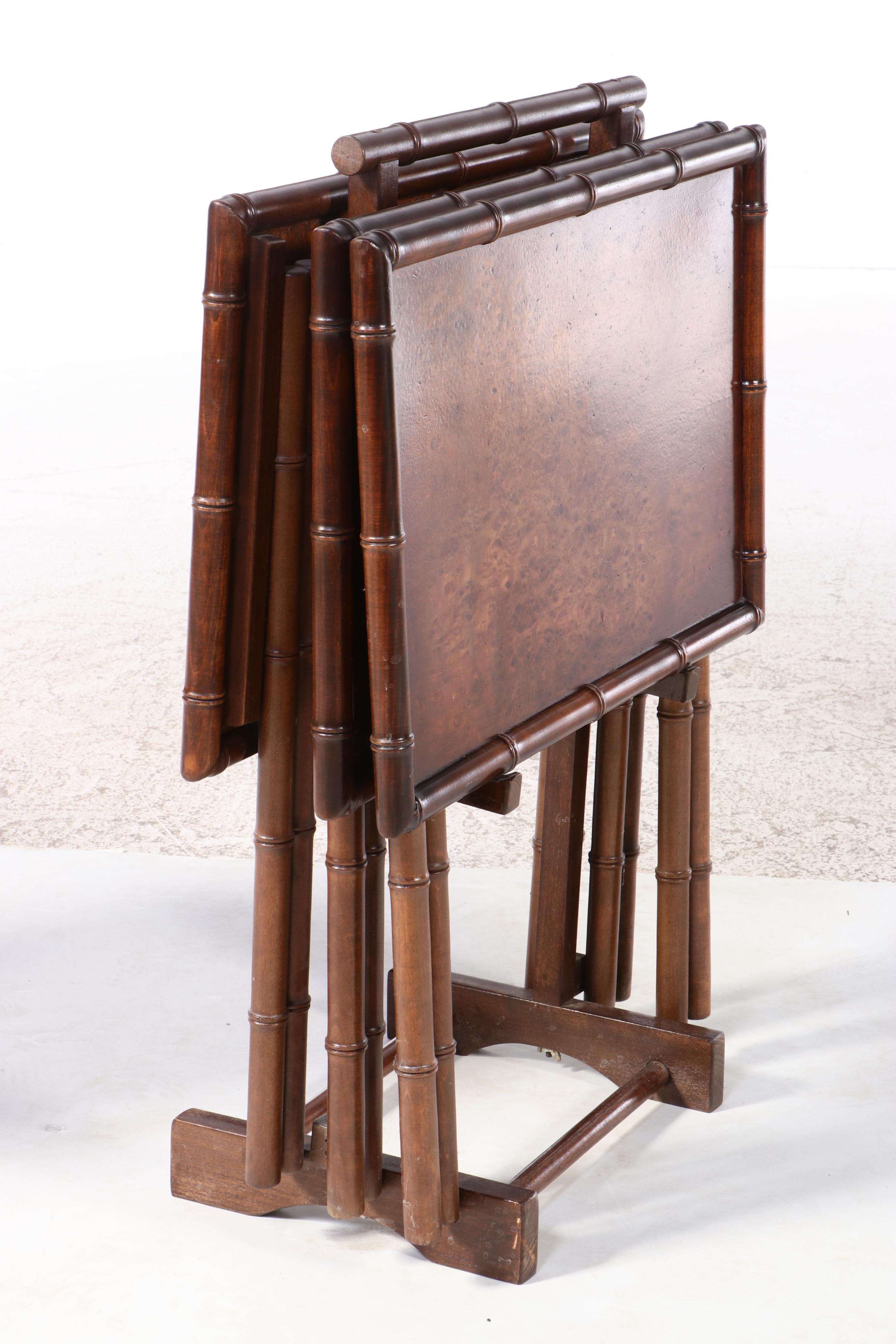 Four Bluff City Furniture Burl Elm and Faux-Bamboo Folding Tray Tables on Stand