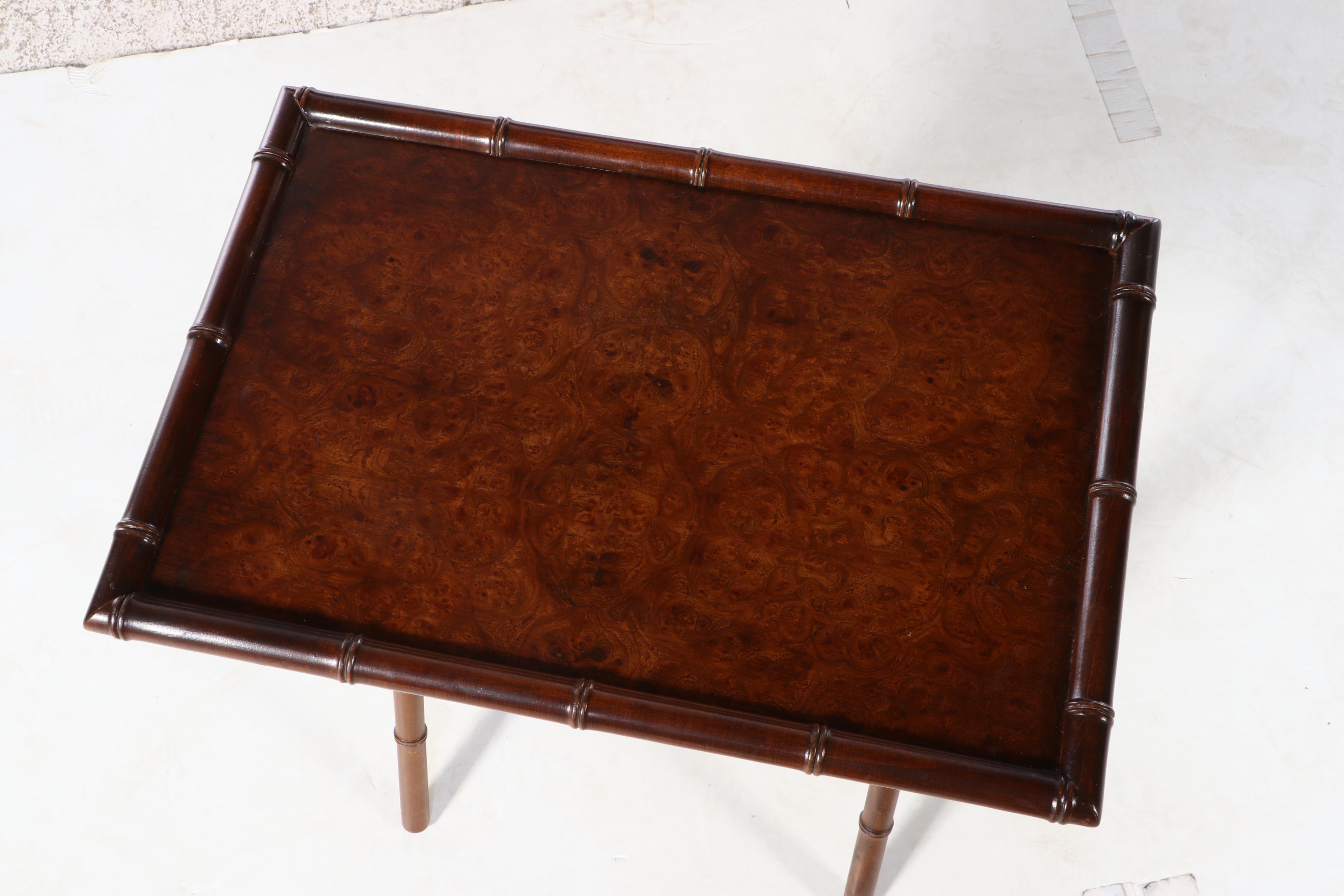 Four Bluff City Furniture Burl Elm and Faux-Bamboo Folding Tray Tables on Stand
