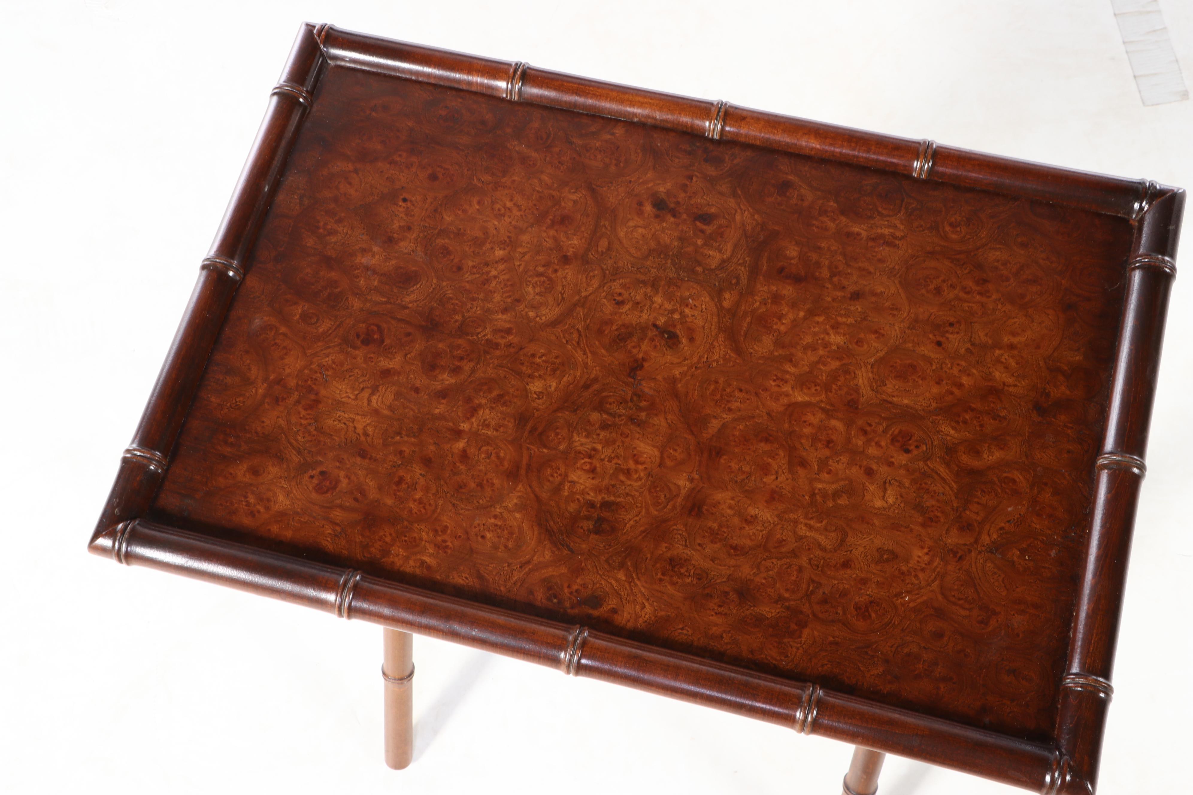 Four Bluff City Furniture Burl Elm and Faux-Bamboo Folding Tray Tables on Stand