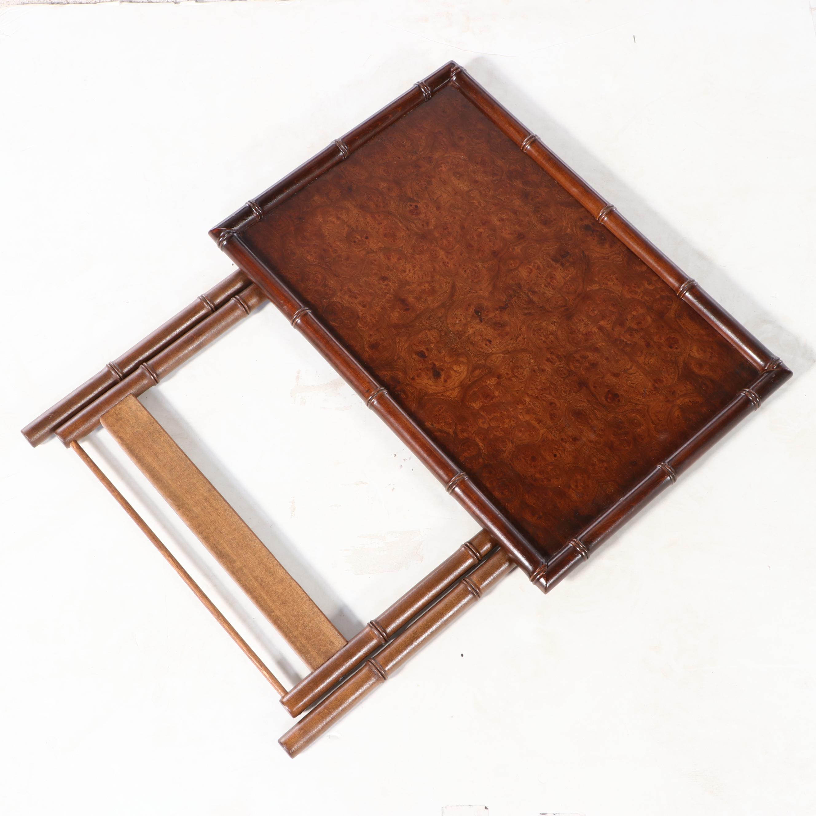 Four Bluff City Furniture Burl Elm and Faux-Bamboo Folding Tray Tables on Stand