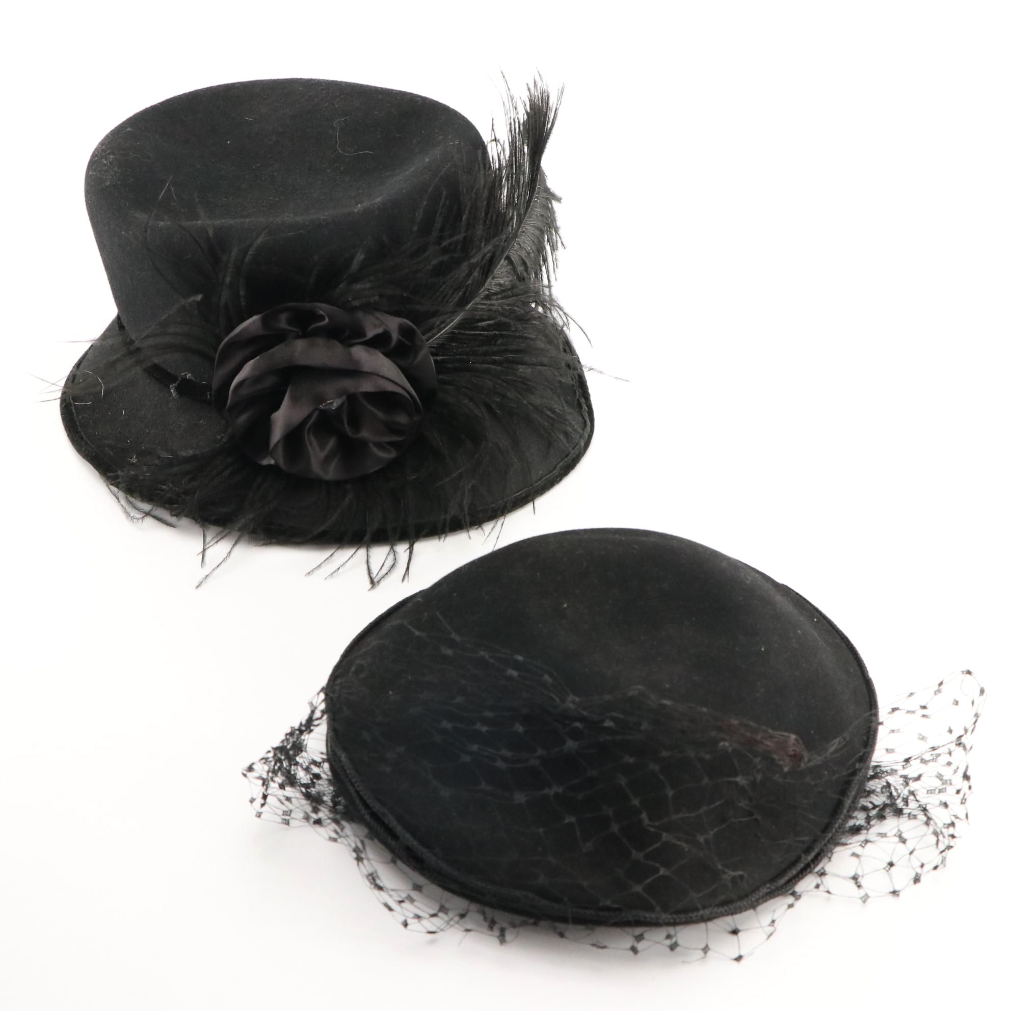 Fur Felt Veiled Hat from Shillito's and Other Wool Felt Feather Cloche with Box