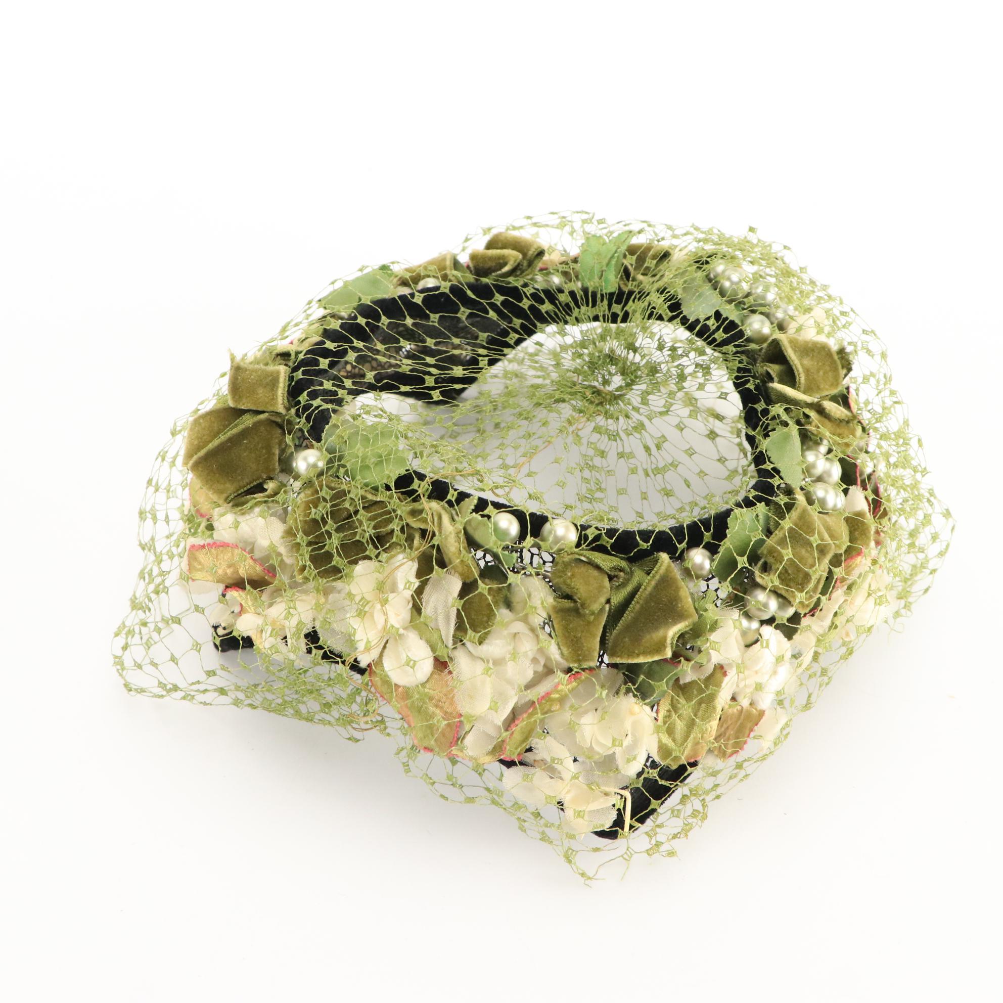 Embellished Cello Straw, Open Crown, and Crescent Hats with Box, 1950s