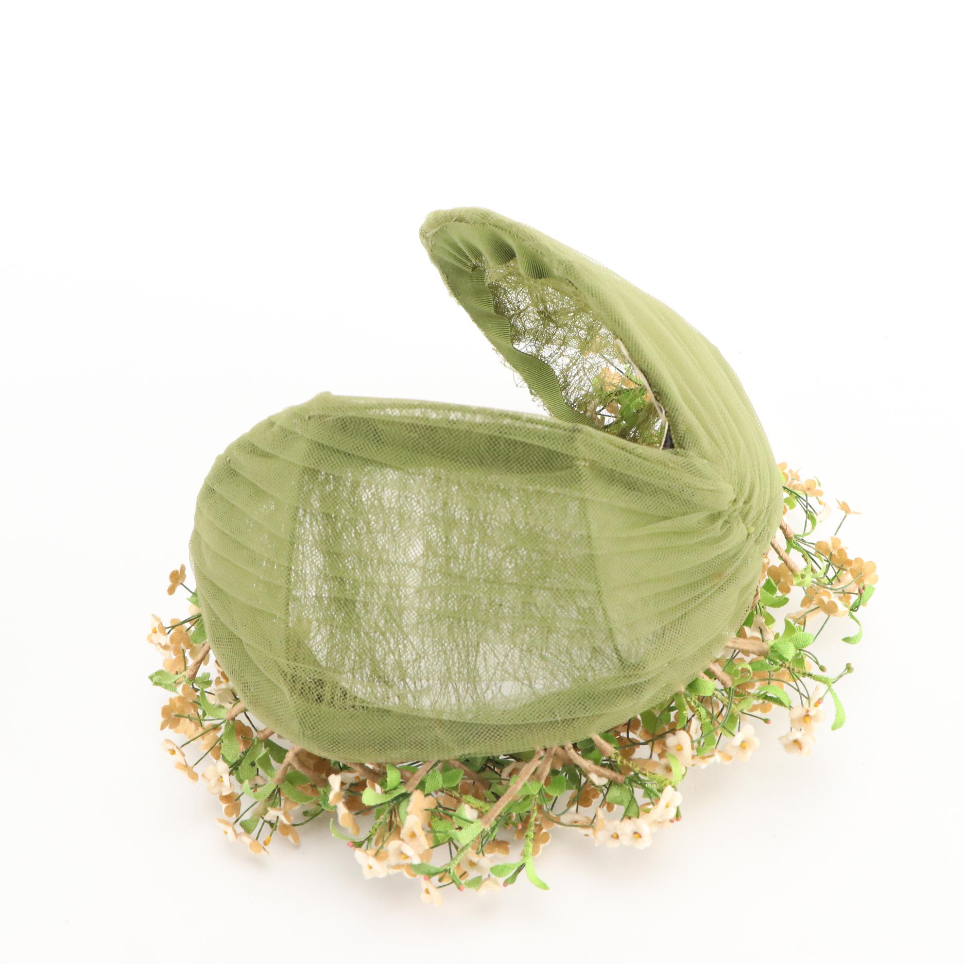 Embellished Cello Straw, Open Crown, and Crescent Hats with Box, 1950s