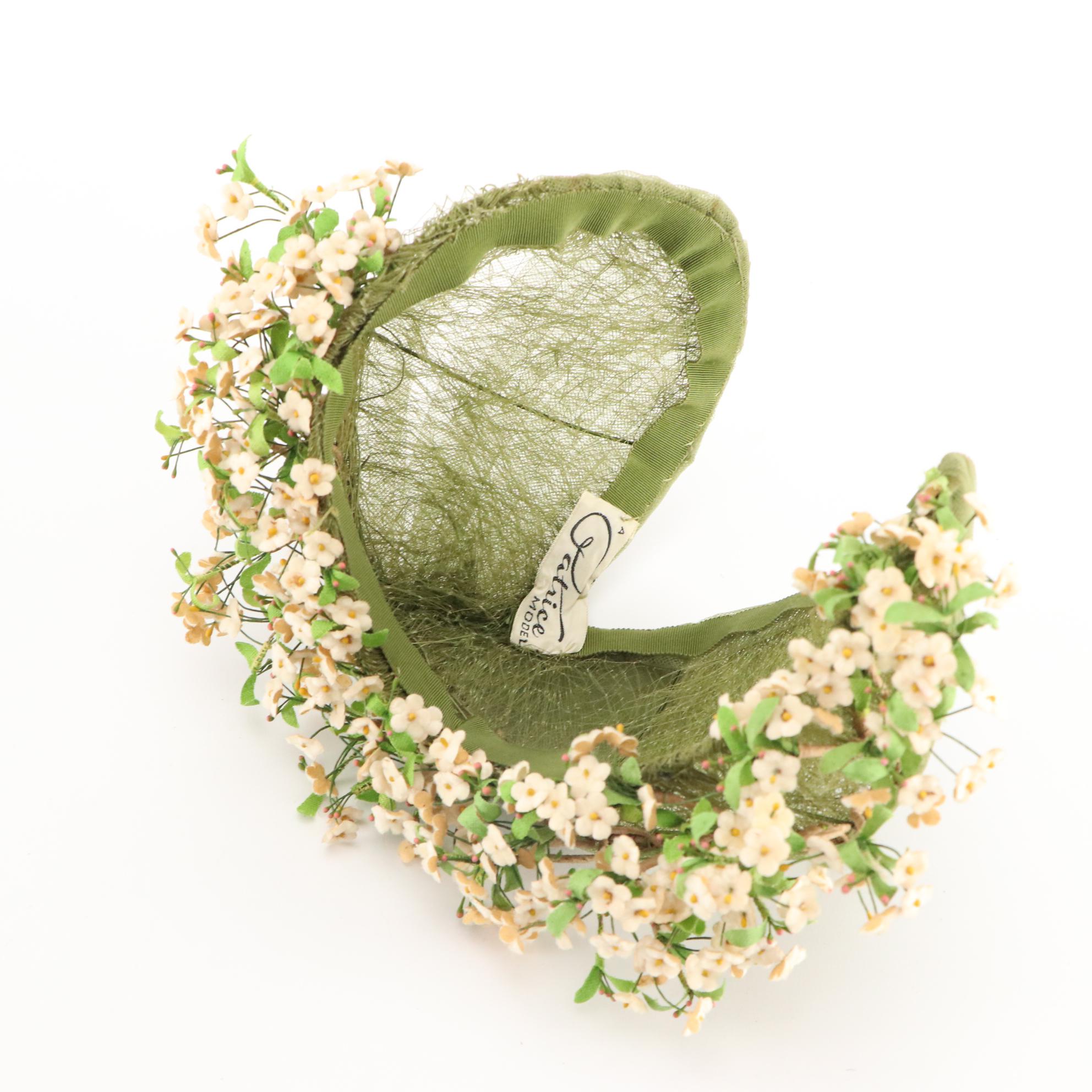 Embellished Cello Straw, Open Crown, and Crescent Hats with Box, 1950s