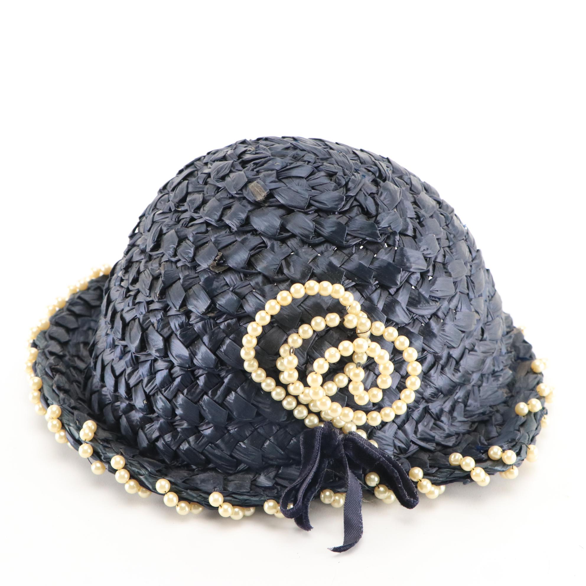 Embellished Cello Straw, Open Crown, and Crescent Hats with Box, 1950s