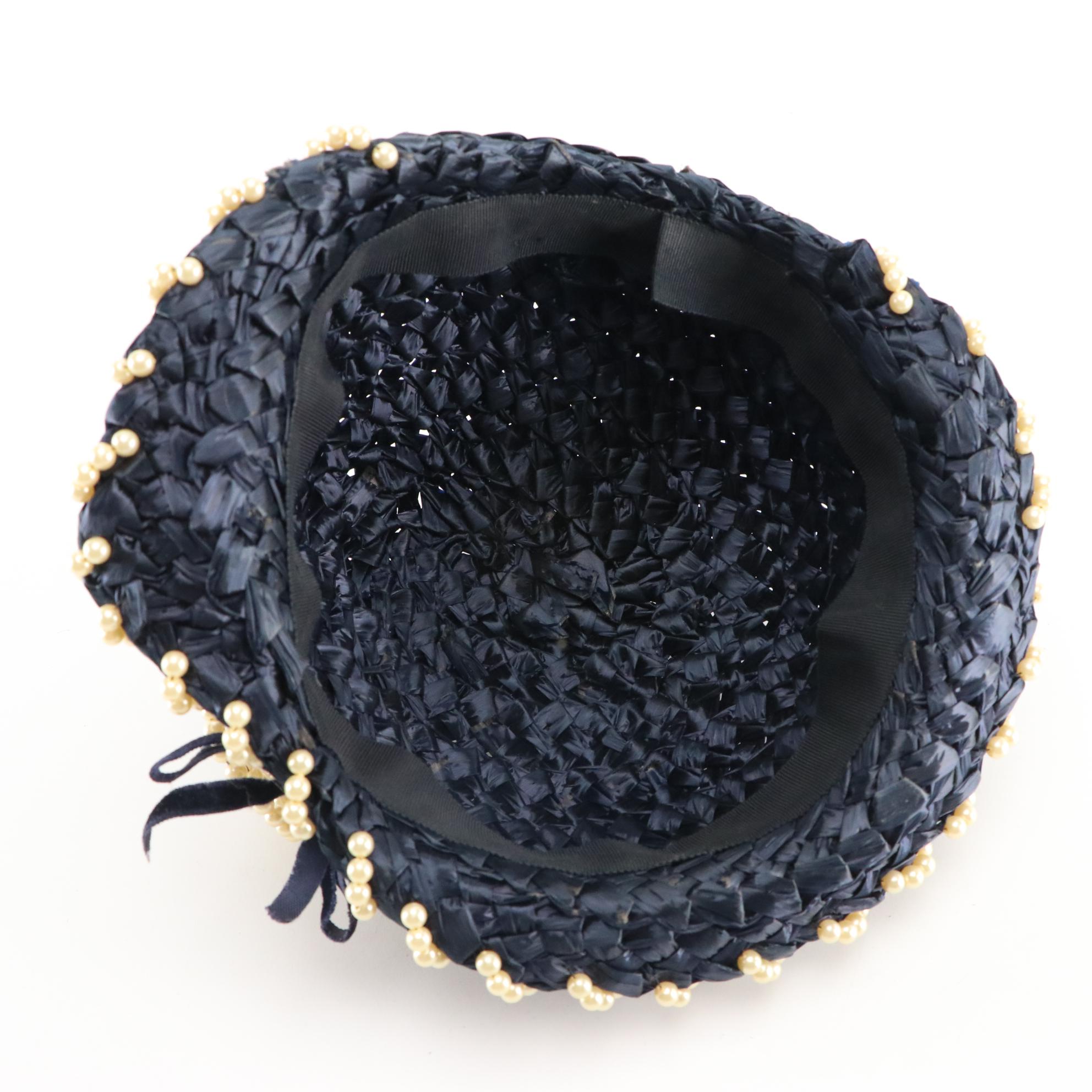 Embellished Cello Straw, Open Crown, and Crescent Hats with Box, 1950s