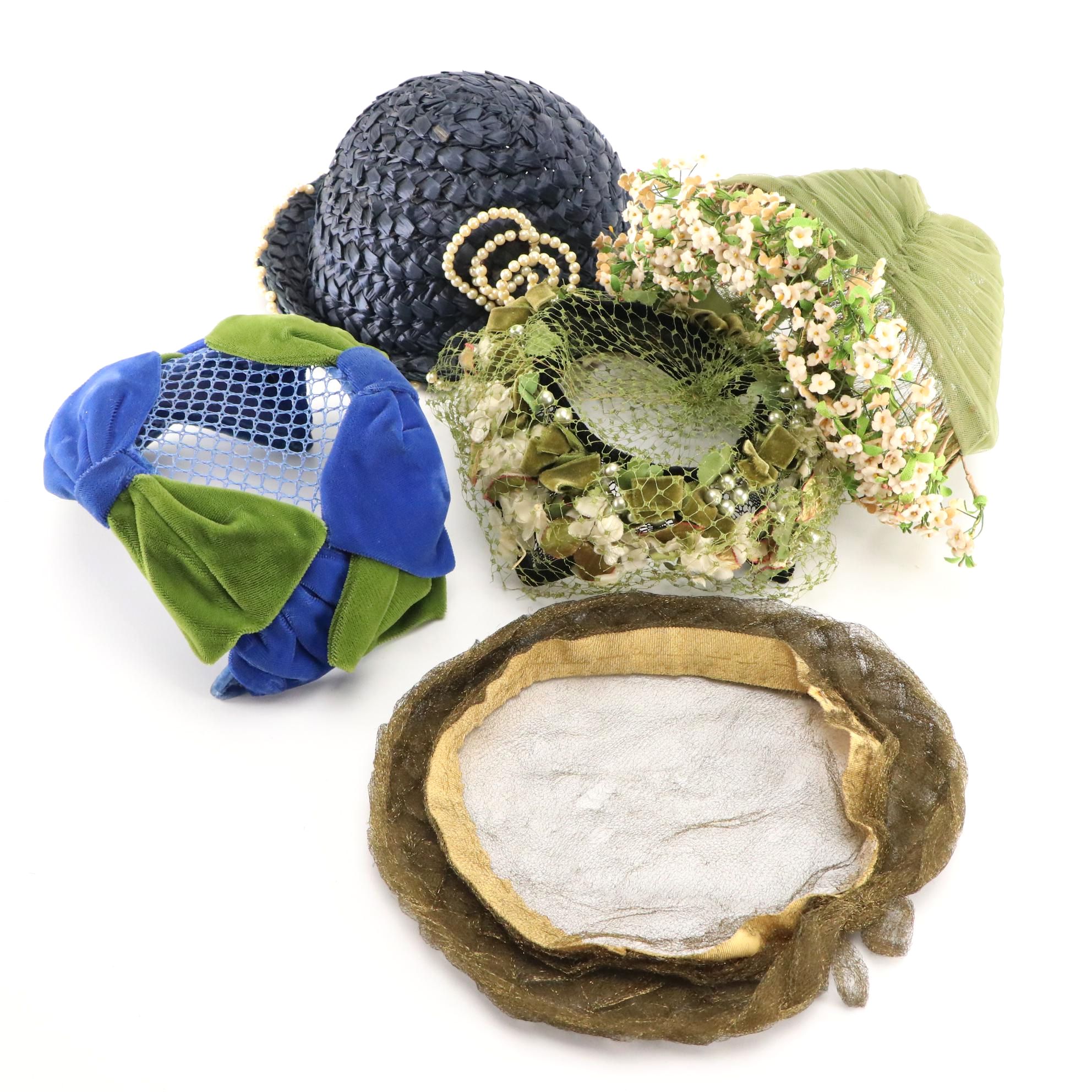 Embellished Cello Straw, Open Crown, and Crescent Hats with Box, 1950s