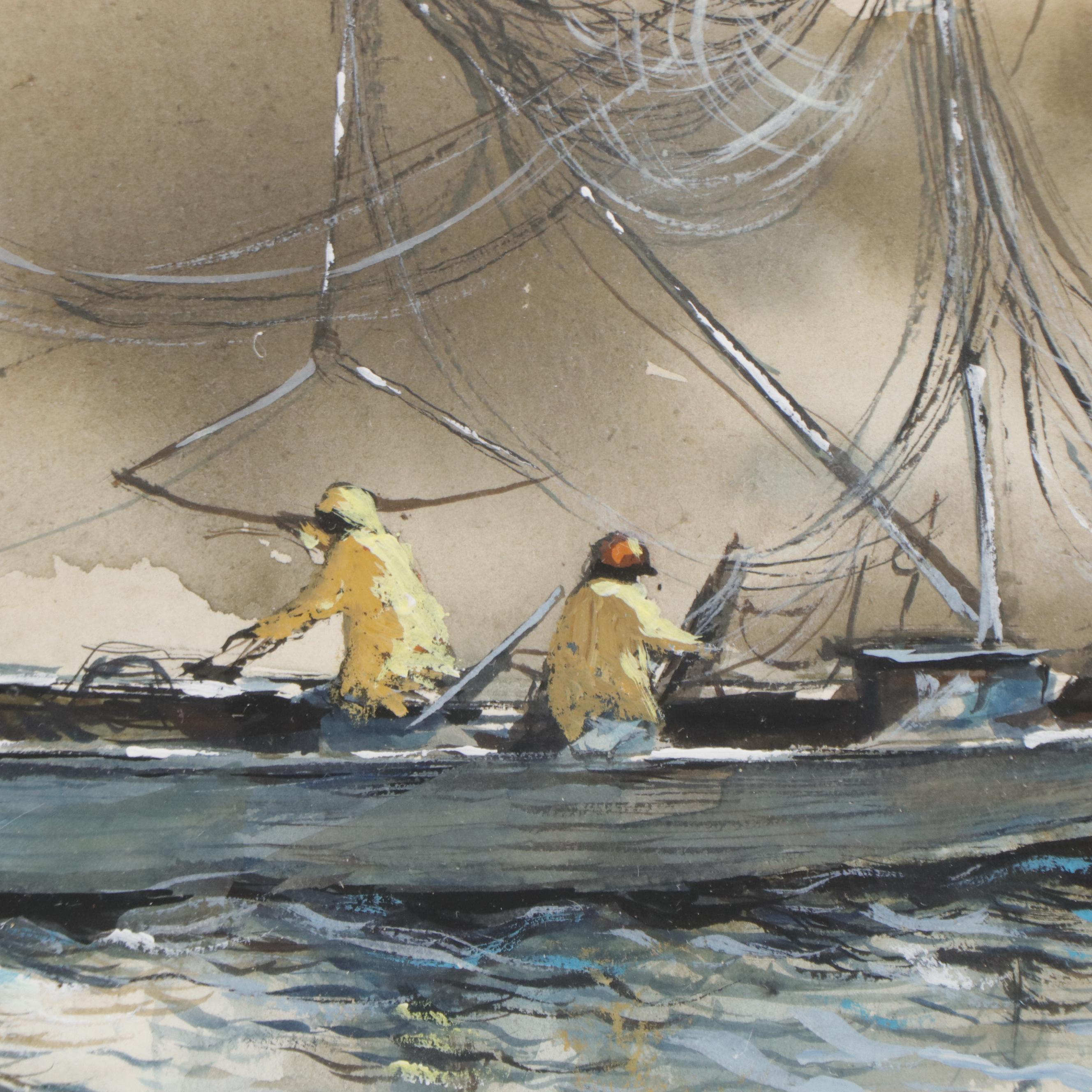 Robert Fabe Watercolor Painting of Ship at Sea