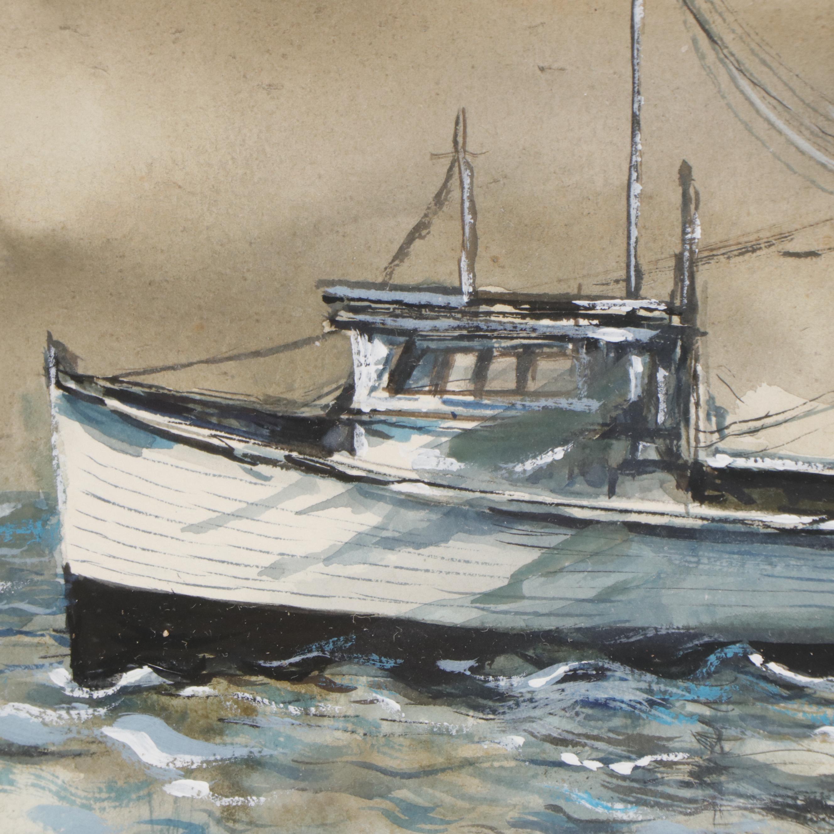 Robert Fabe Watercolor Painting of Ship at Sea