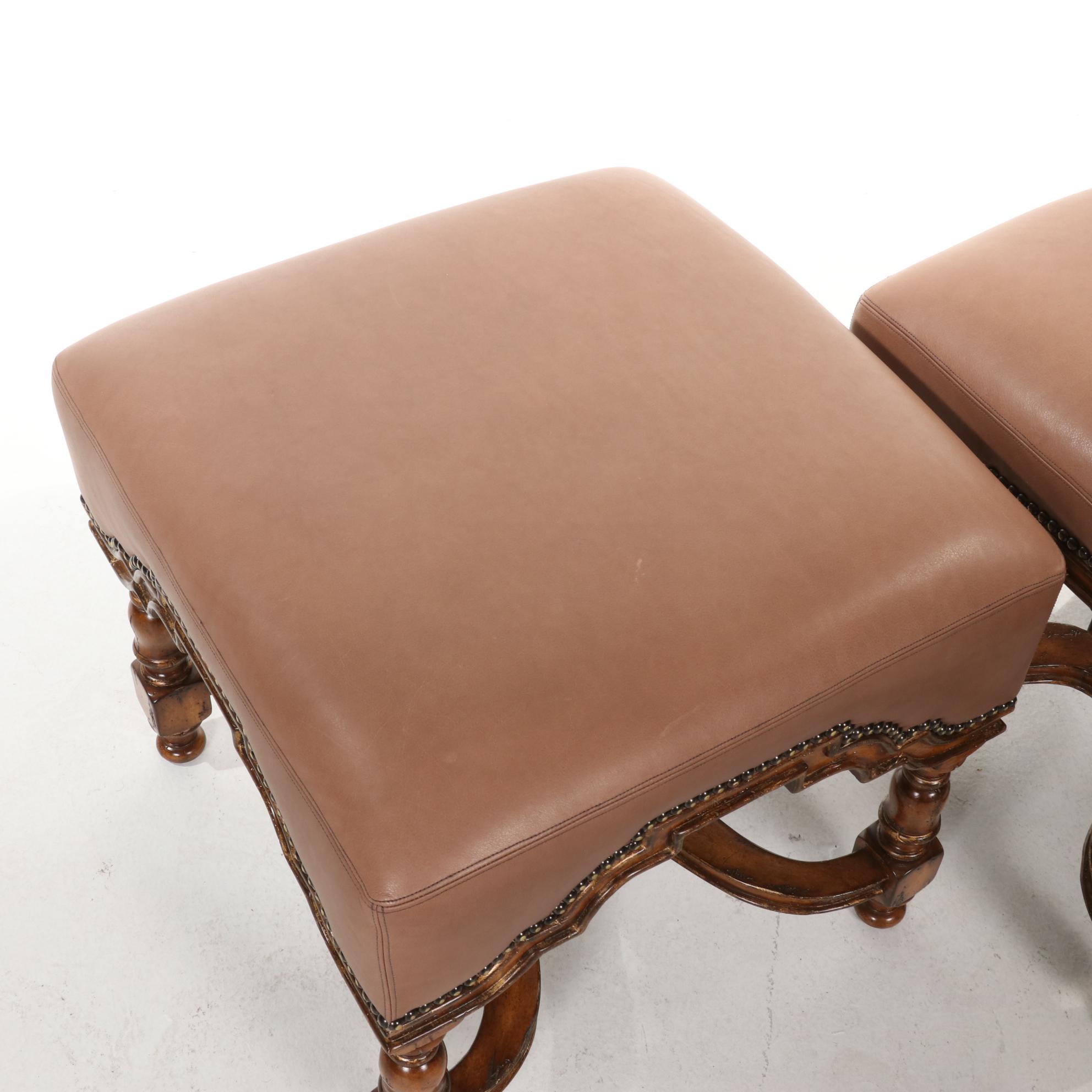 Pair of Marge Carson William & Mary Style Turned Wood and Leather Ottomans