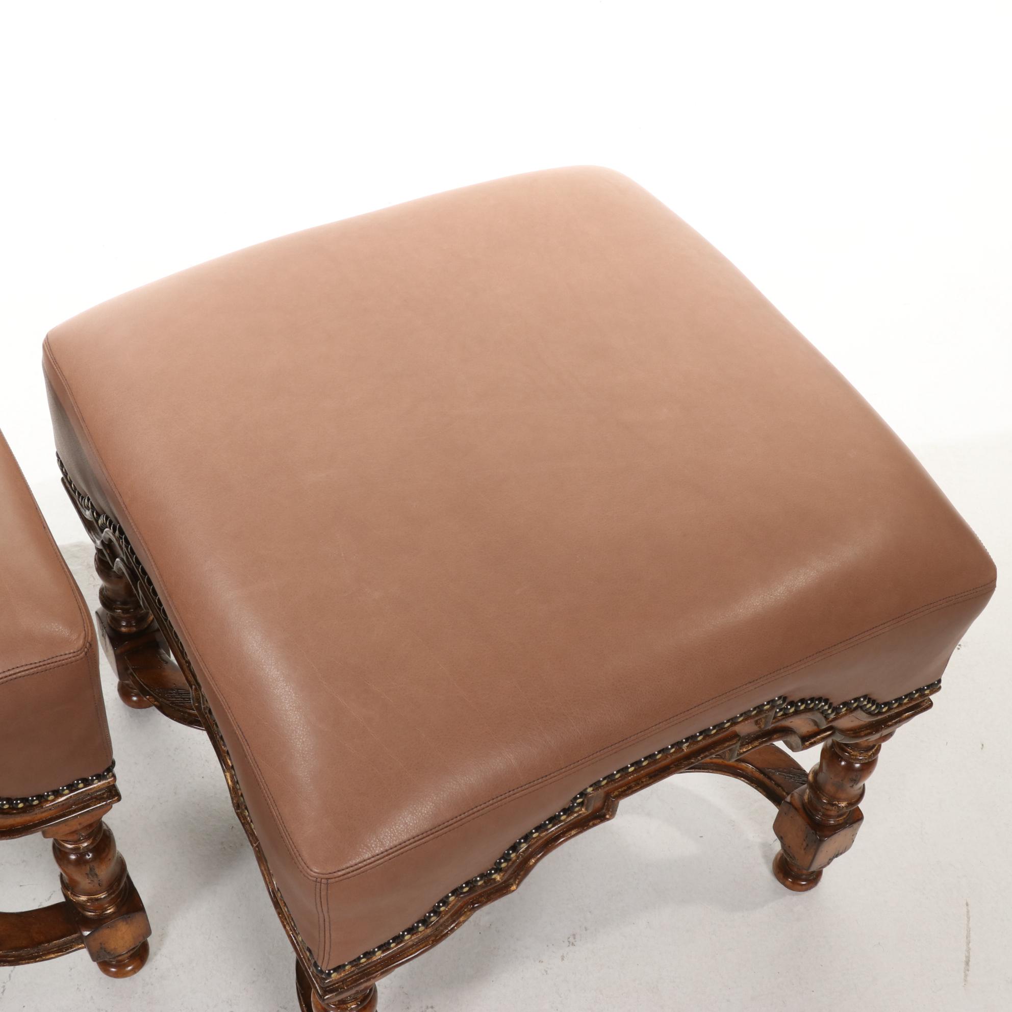 Pair of Marge Carson William & Mary Style Turned Wood and Leather Ottomans
