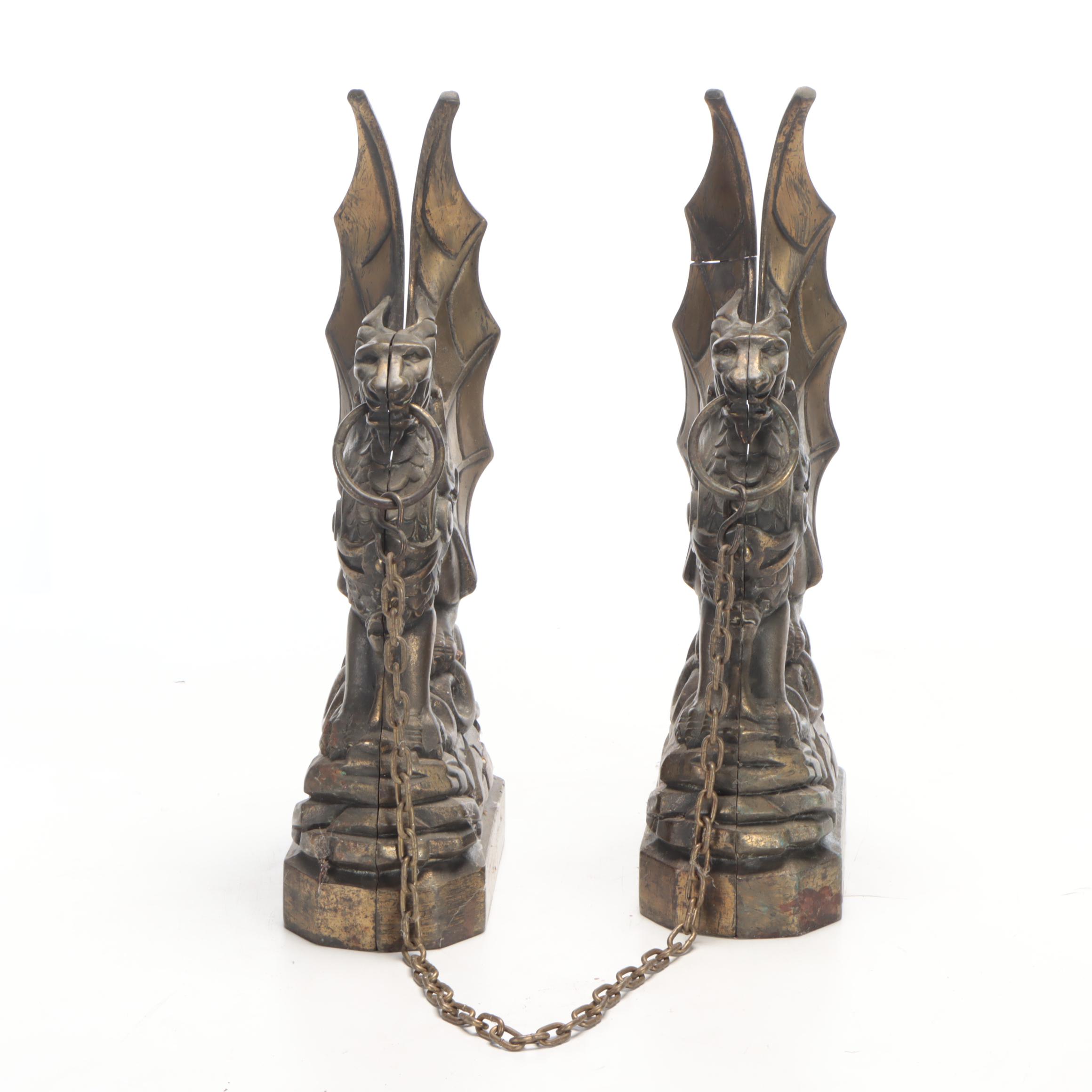 Gothic Revival Cast Metal Gargoyle Figures with Chain
