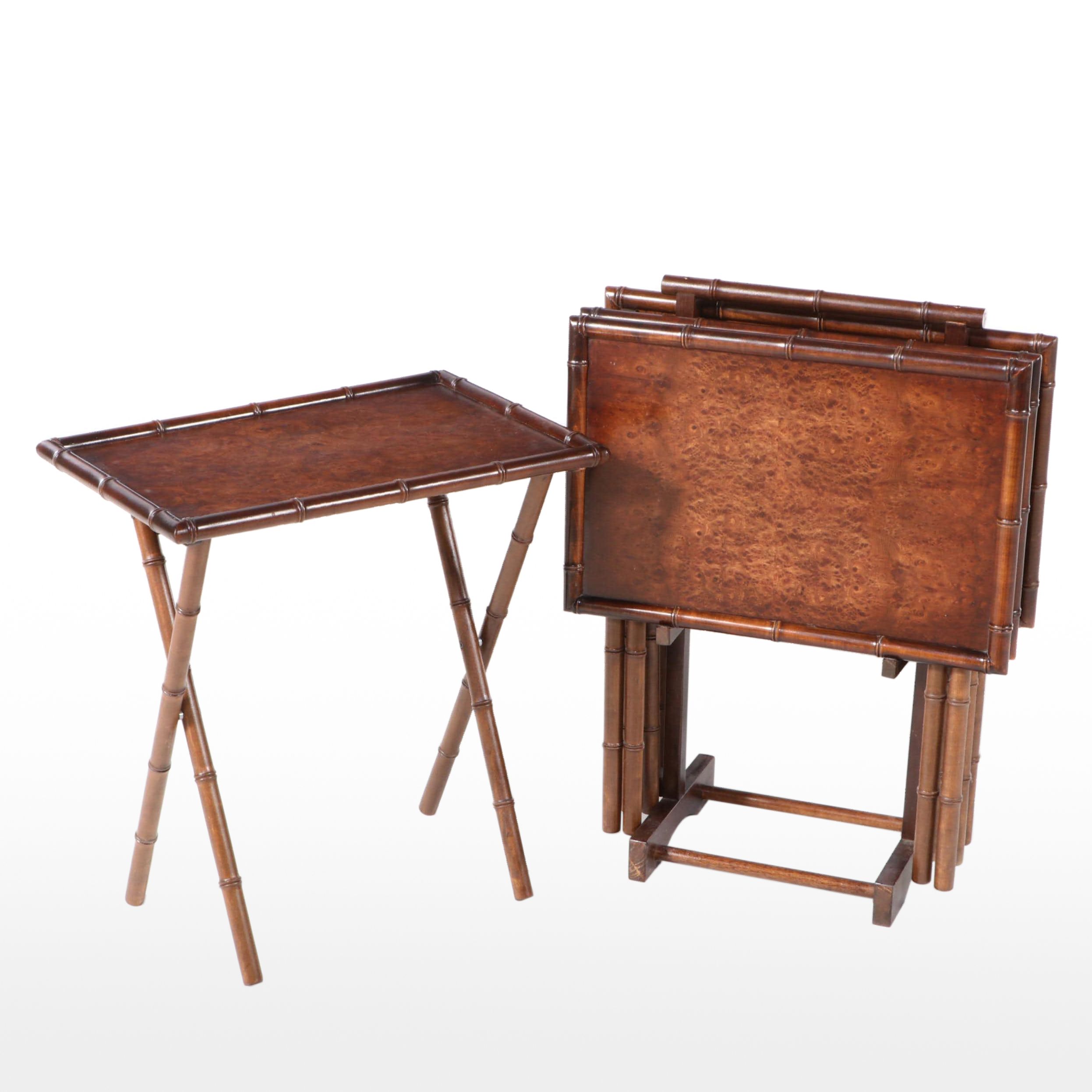 Four Bluff City Furniture Burl Elm and Faux-Bamboo Folding Tray Tables on Stand