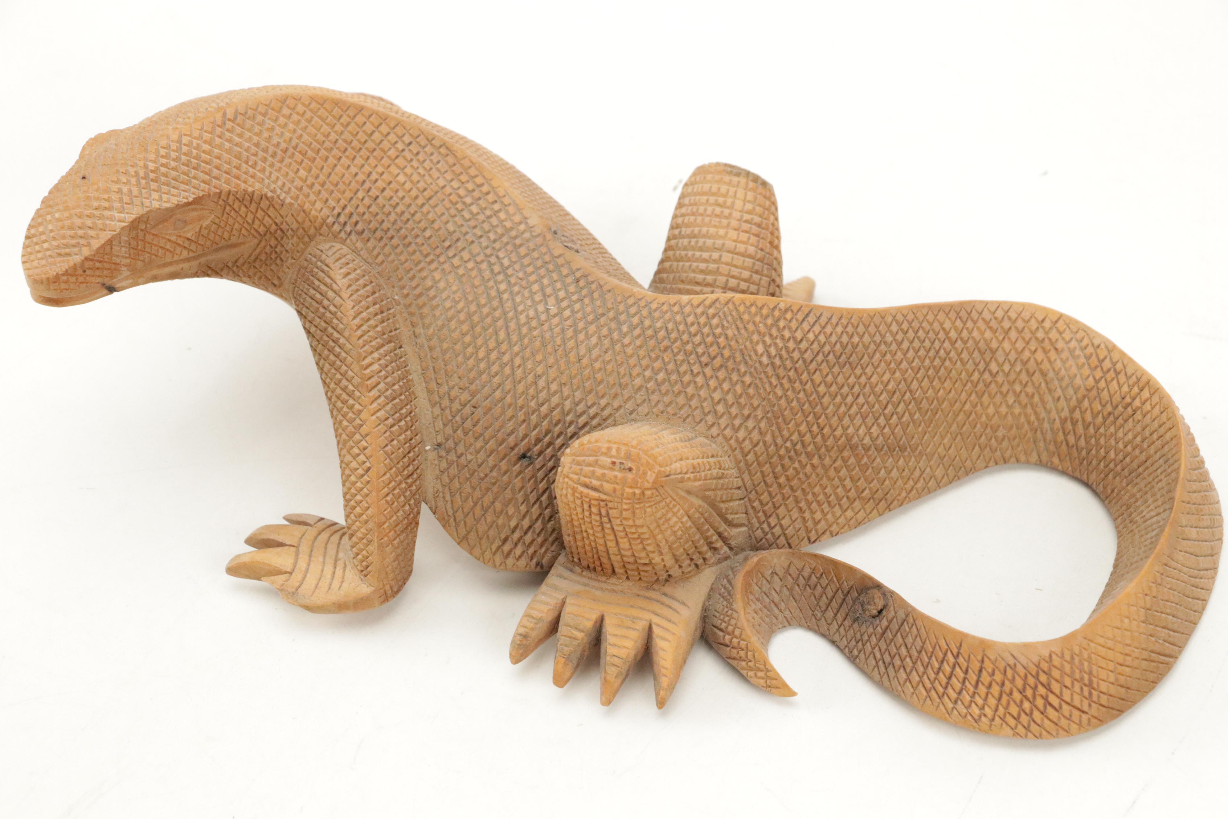 Hand-Carved Folk Art Wooden Head, Pointing Hand and Lizard Figurines