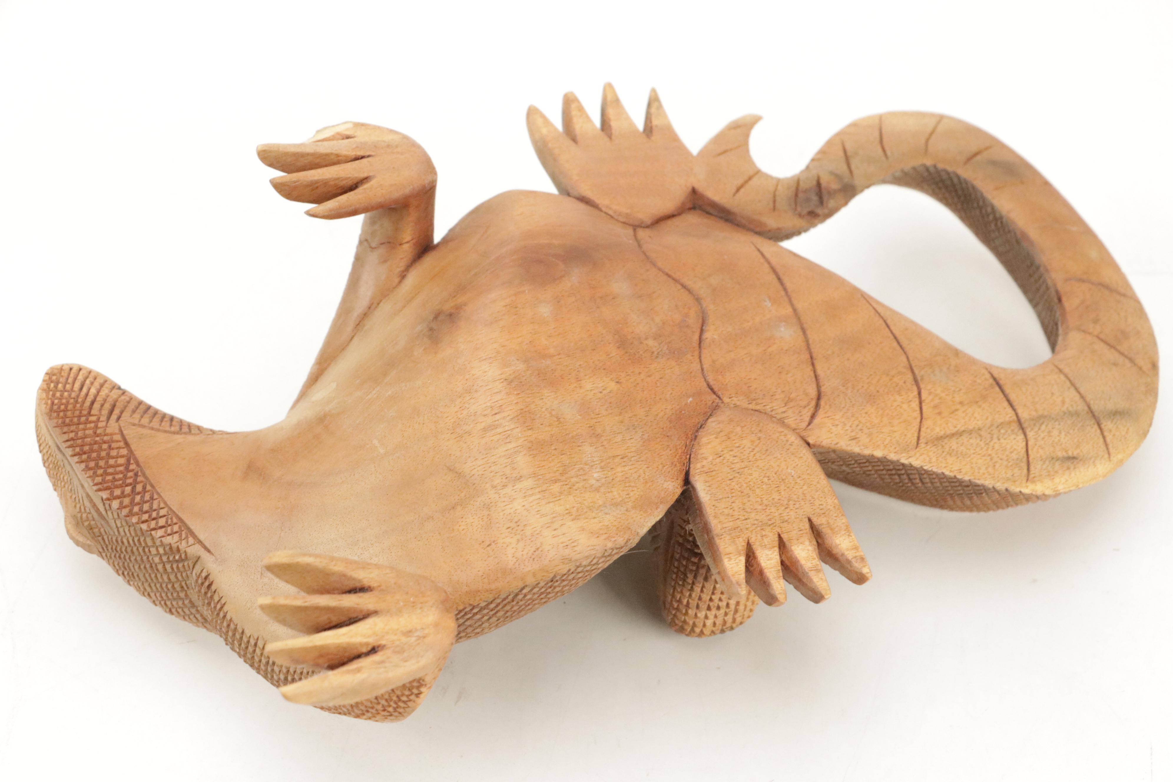 Hand-Carved Folk Art Wooden Head, Pointing Hand and Lizard Figurines