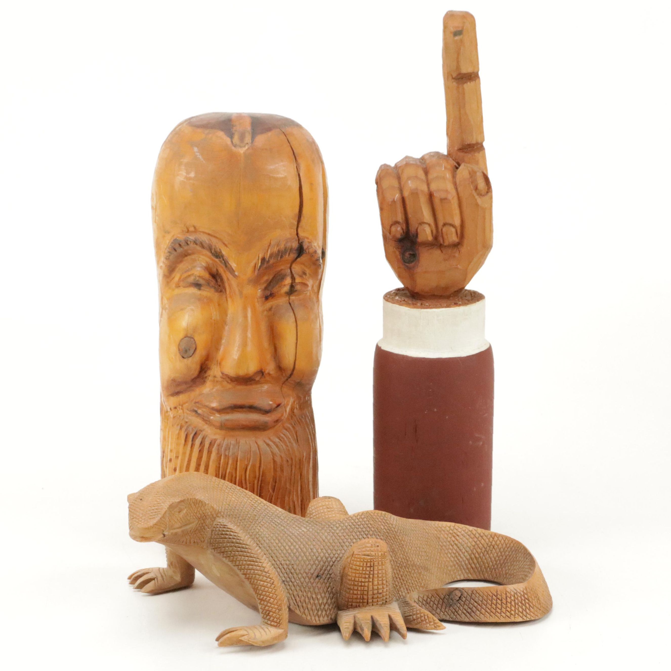 Hand-Carved Folk Art Wooden Head, Pointing Hand and Lizard Figurines