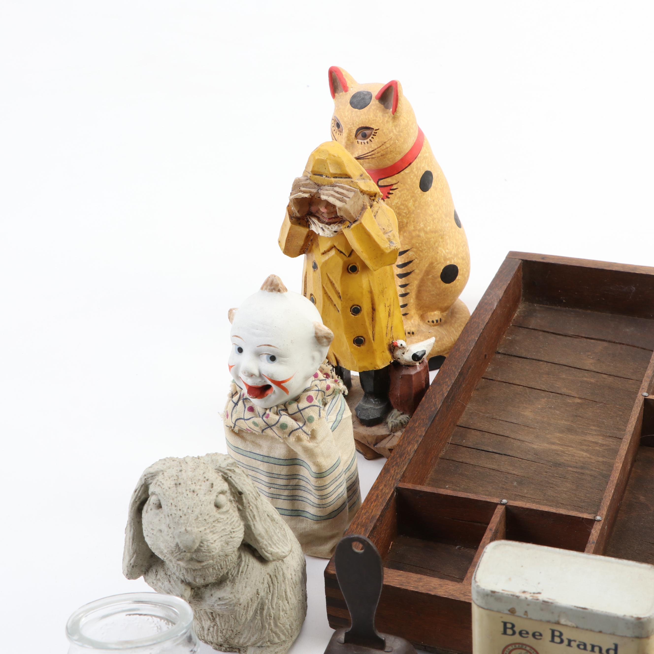 German Clown Squeeze Toy with Other Figurines and Miniatures in Letterpress Box
