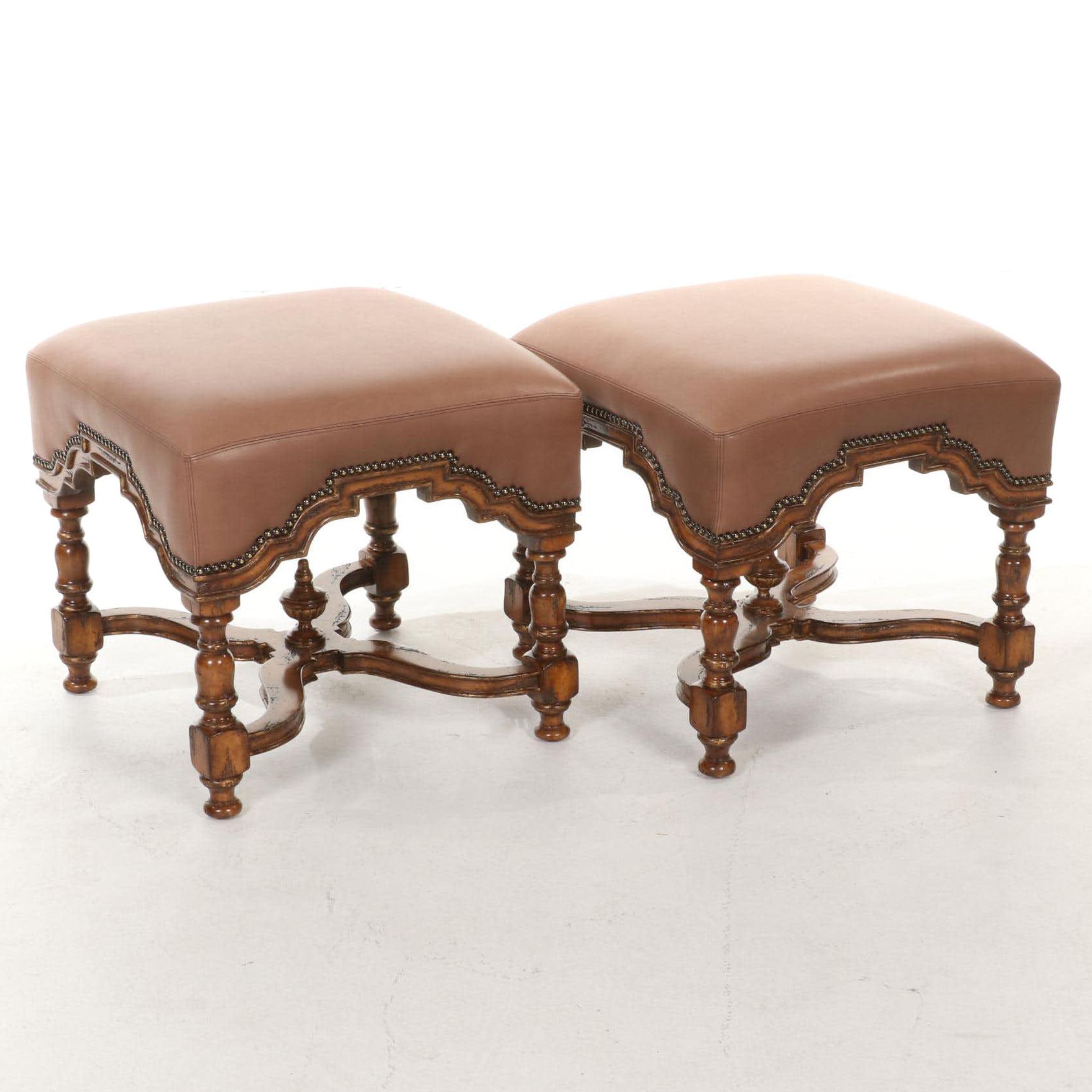 Pair of Marge Carson William & Mary Style Turned Wood and Leather Ottomans