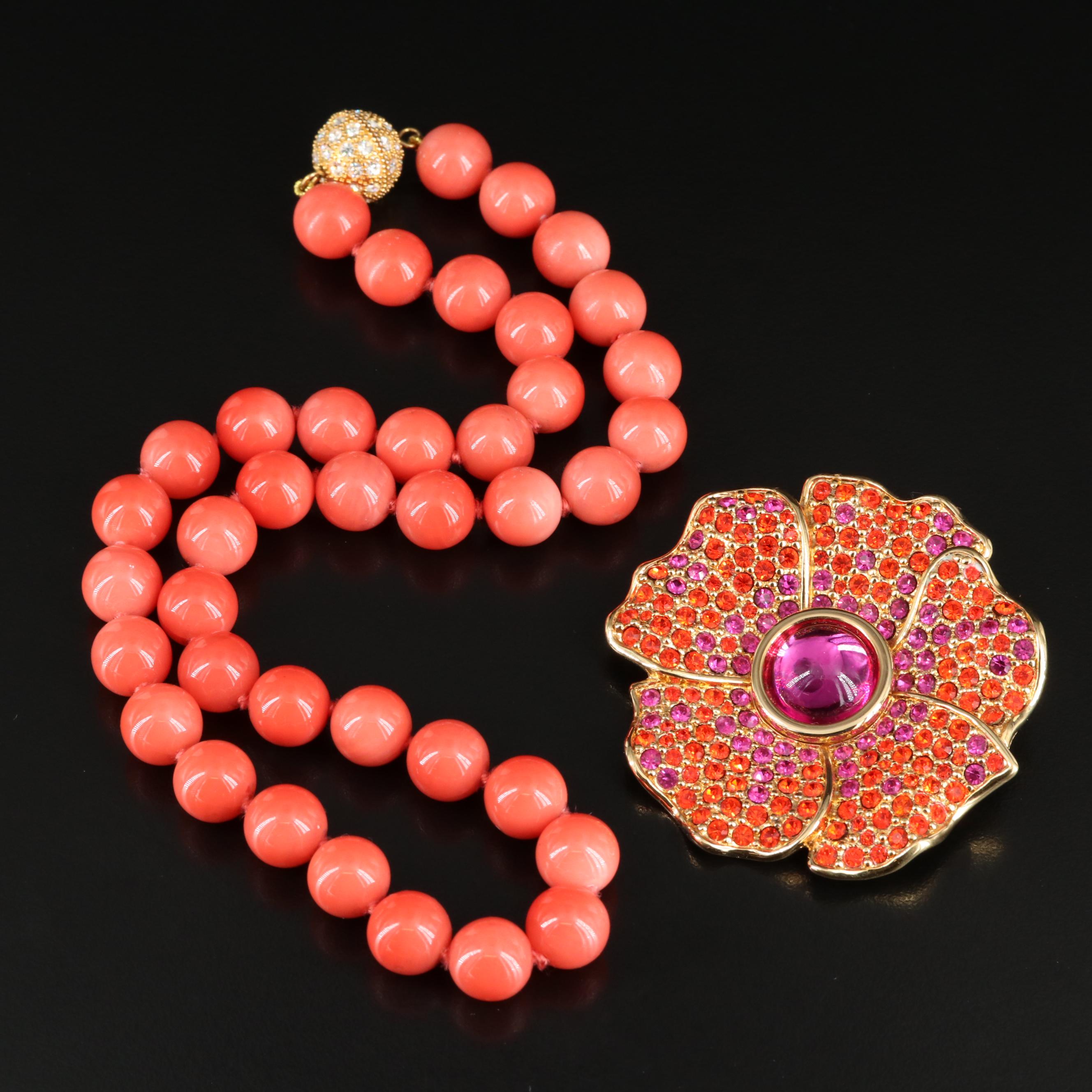 Swarovski Crystal Rhinestone Flower Pin and a Faux Coral Necklace