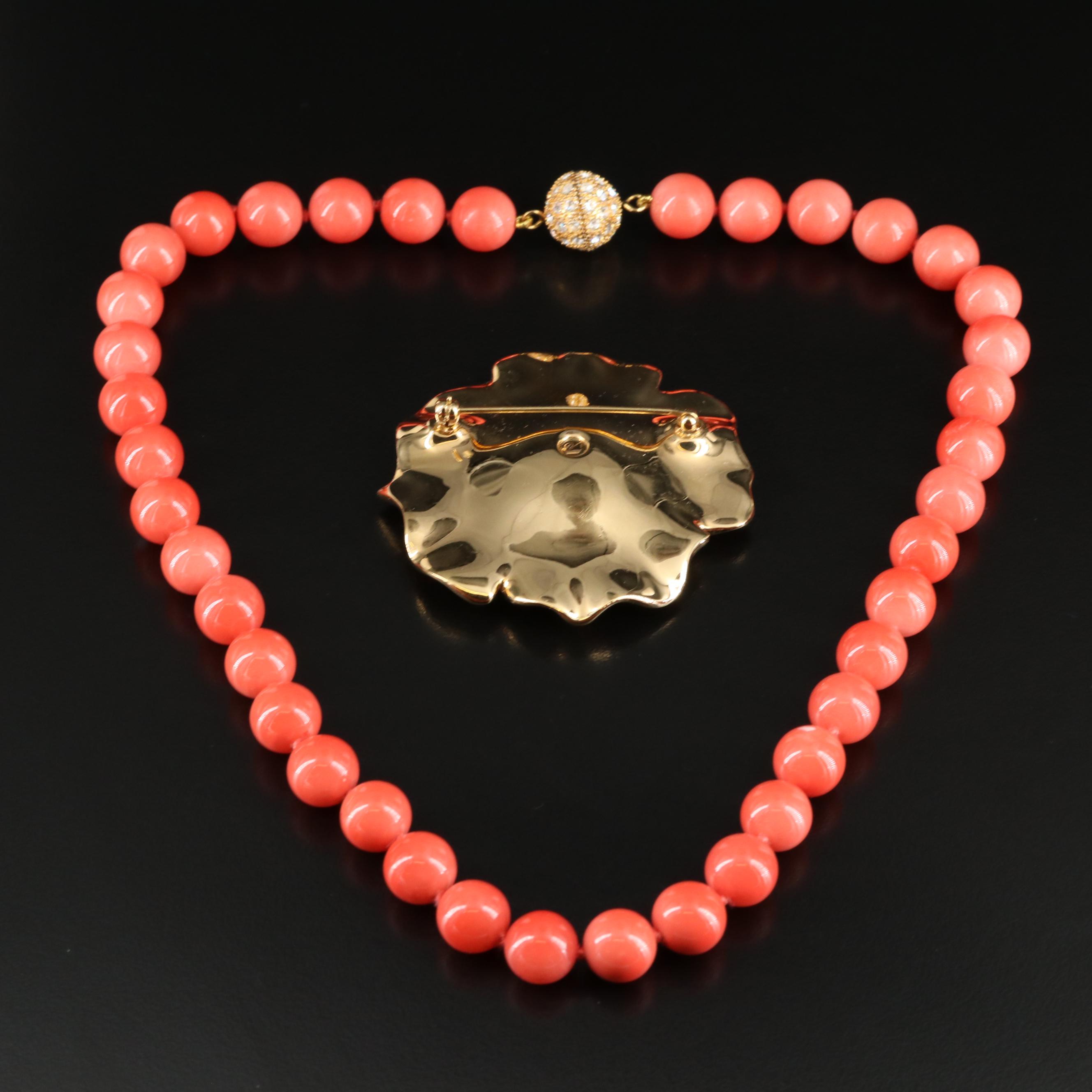 Swarovski Crystal Rhinestone Flower Pin and a Faux Coral Necklace