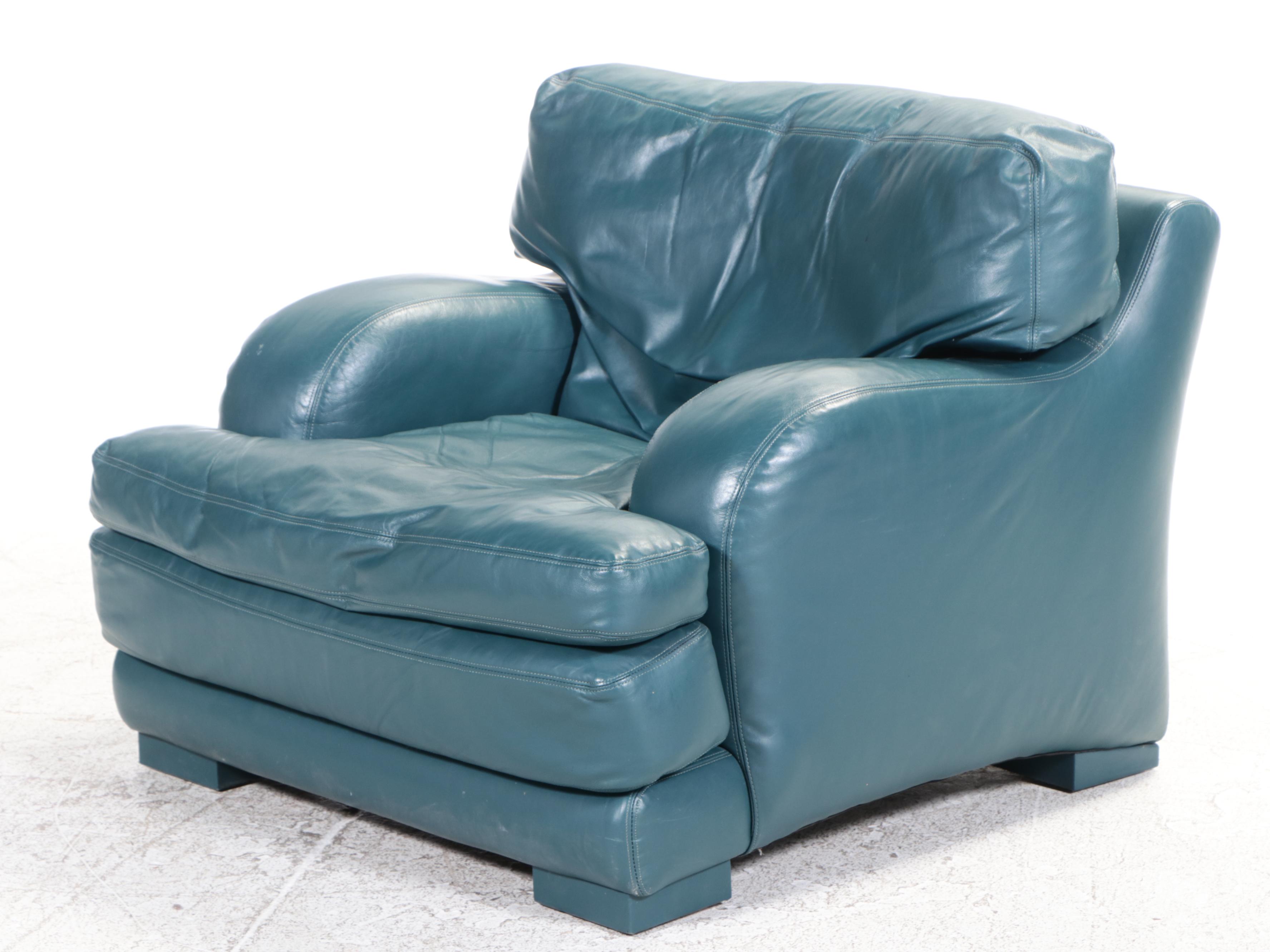 Hancock & Moore Green Leather Lounge Chair and Ottoman, Late 20th Century