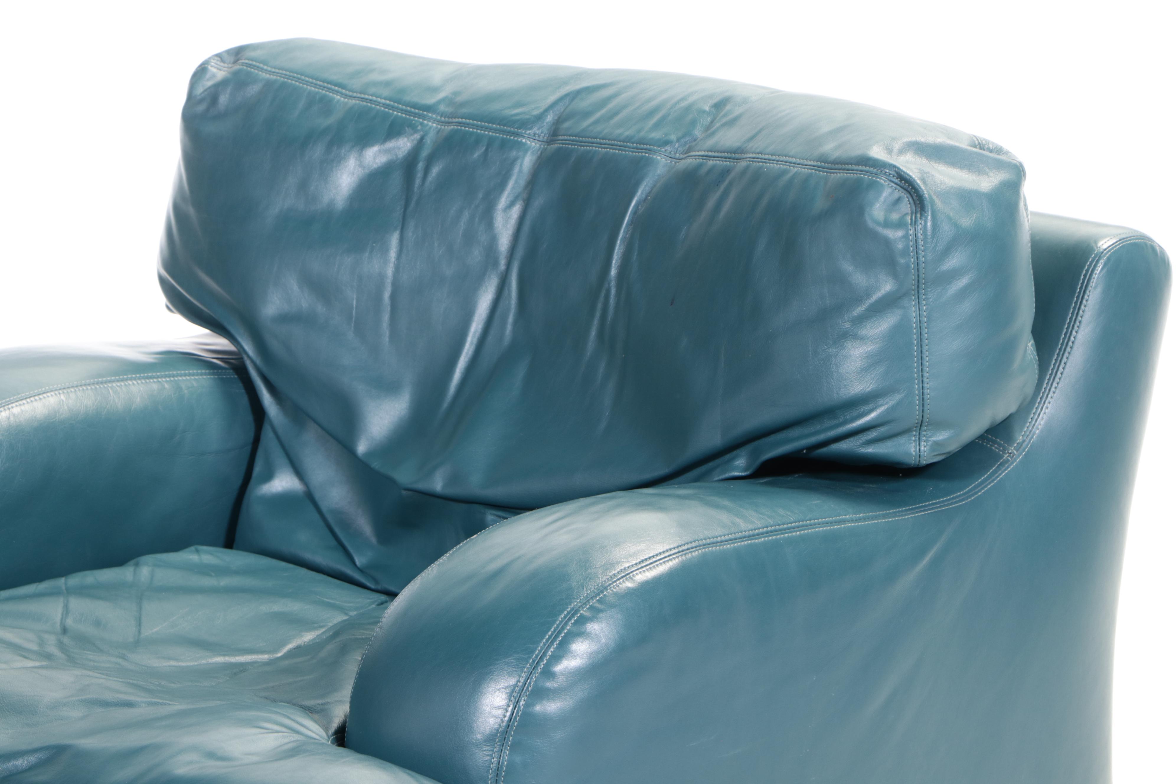 Hancock & Moore Green Leather Lounge Chair and Ottoman, Late 20th Century