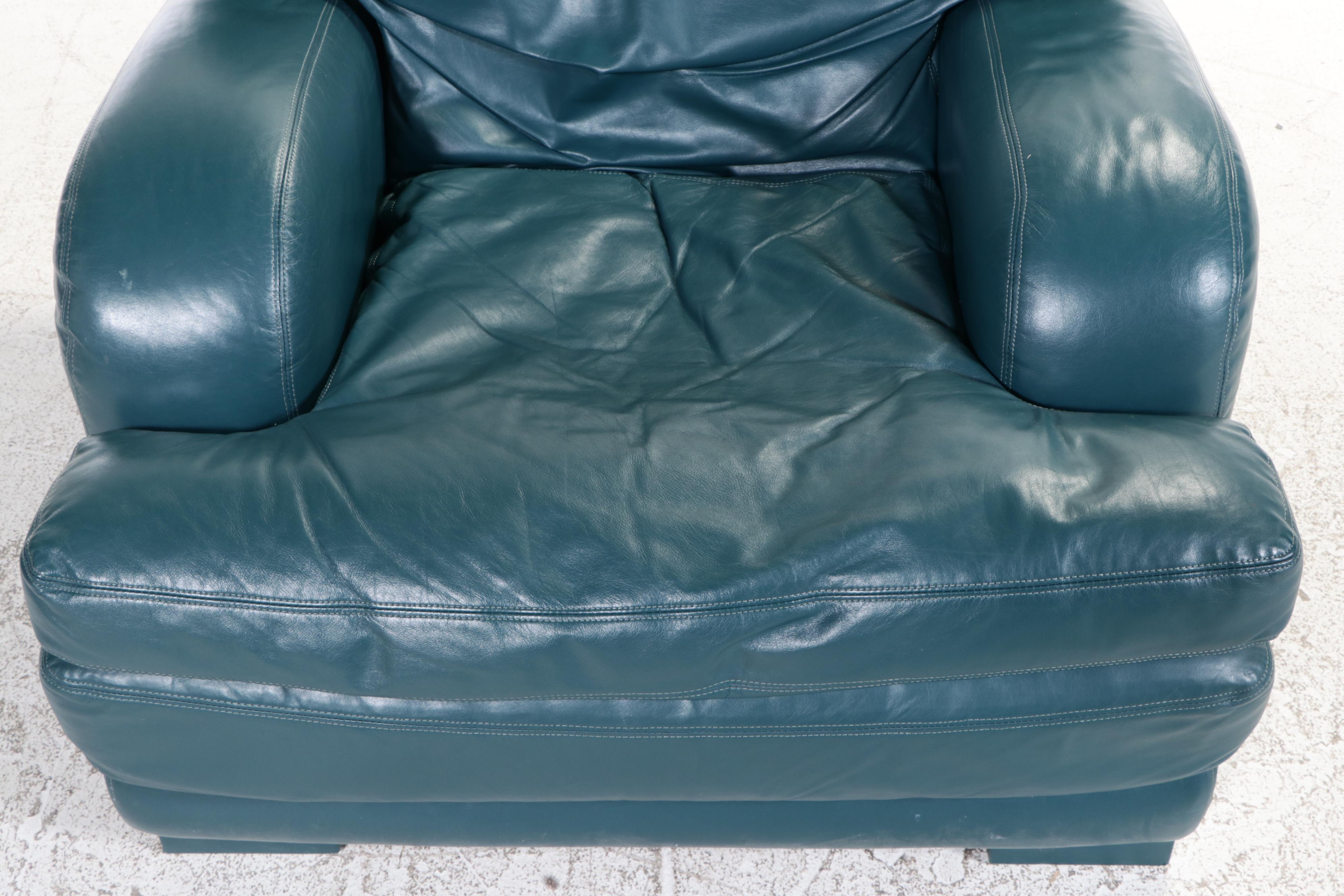 Hancock & Moore Green Leather Lounge Chair and Ottoman, Late 20th Century