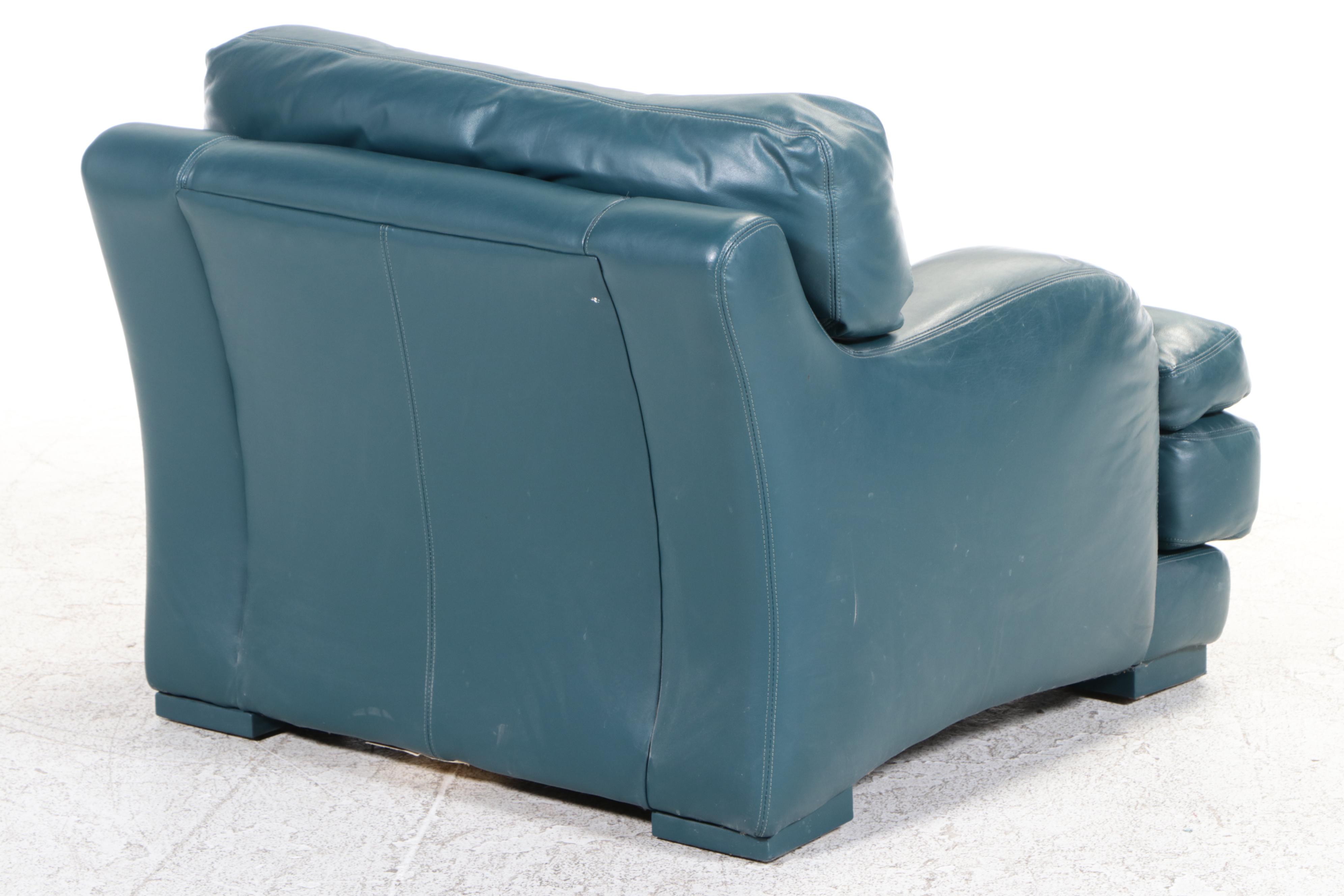 Hancock & Moore Green Leather Lounge Chair and Ottoman, Late 20th Century