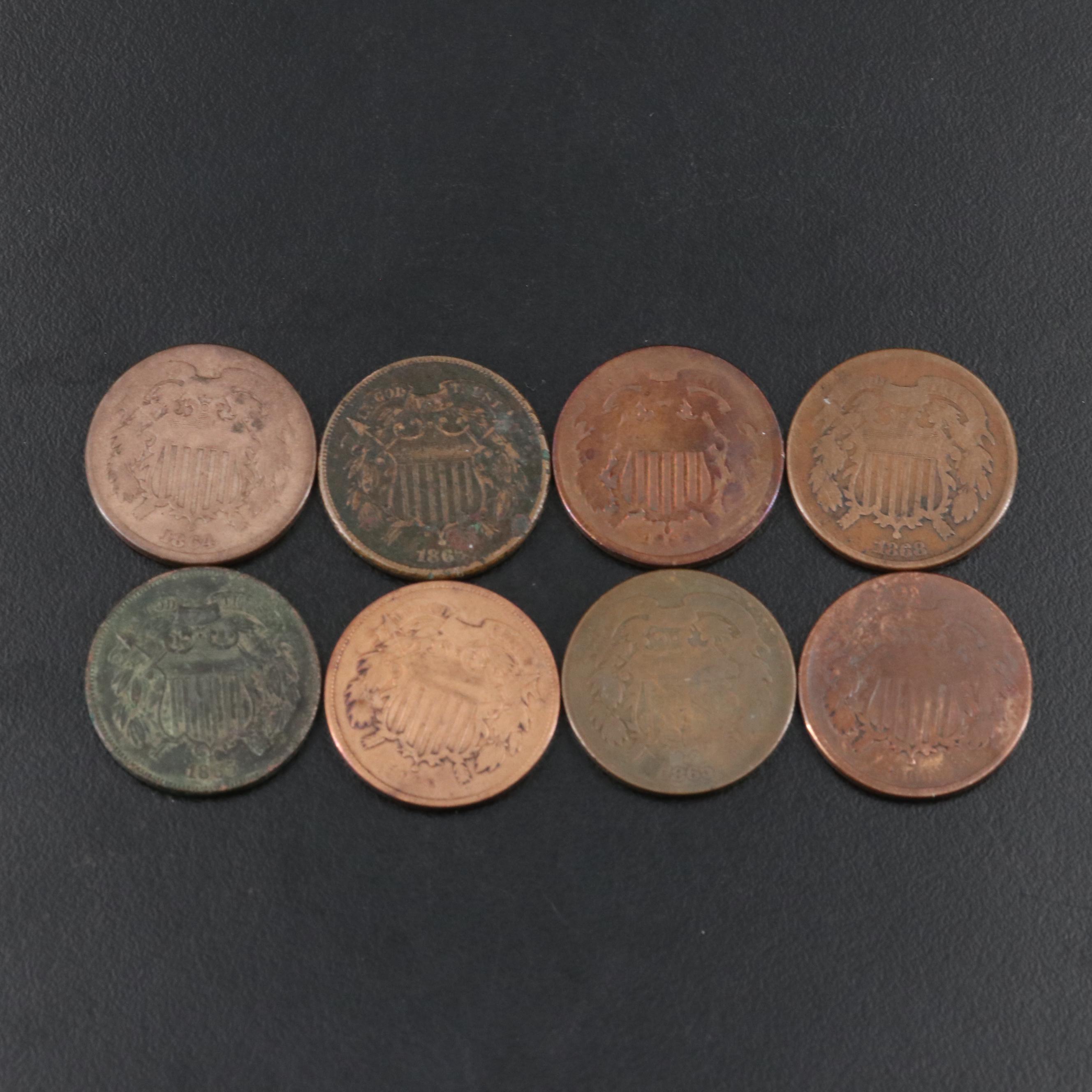 Group of Eight United States Two Cent Coins