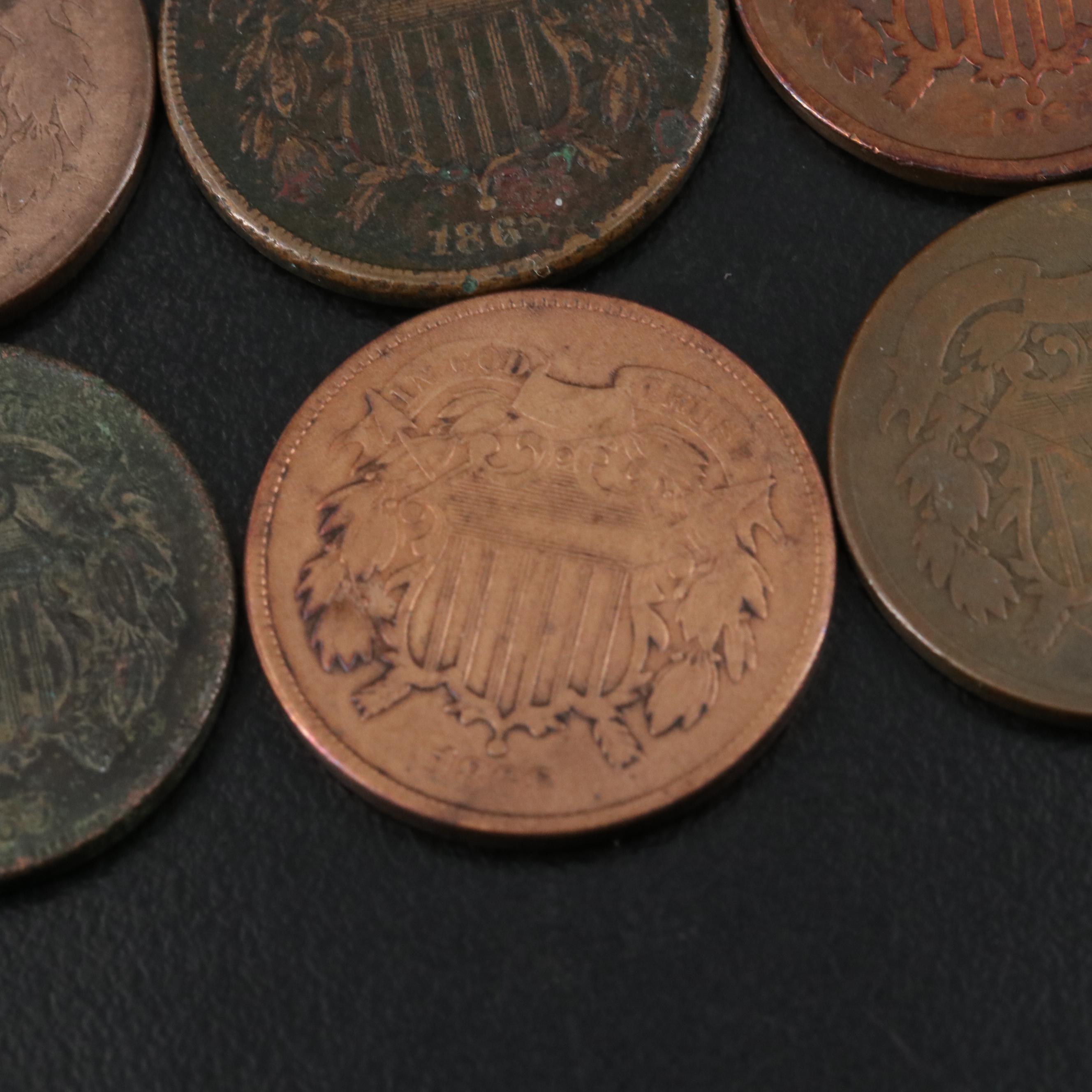Group of Eight United States Two Cent Coins