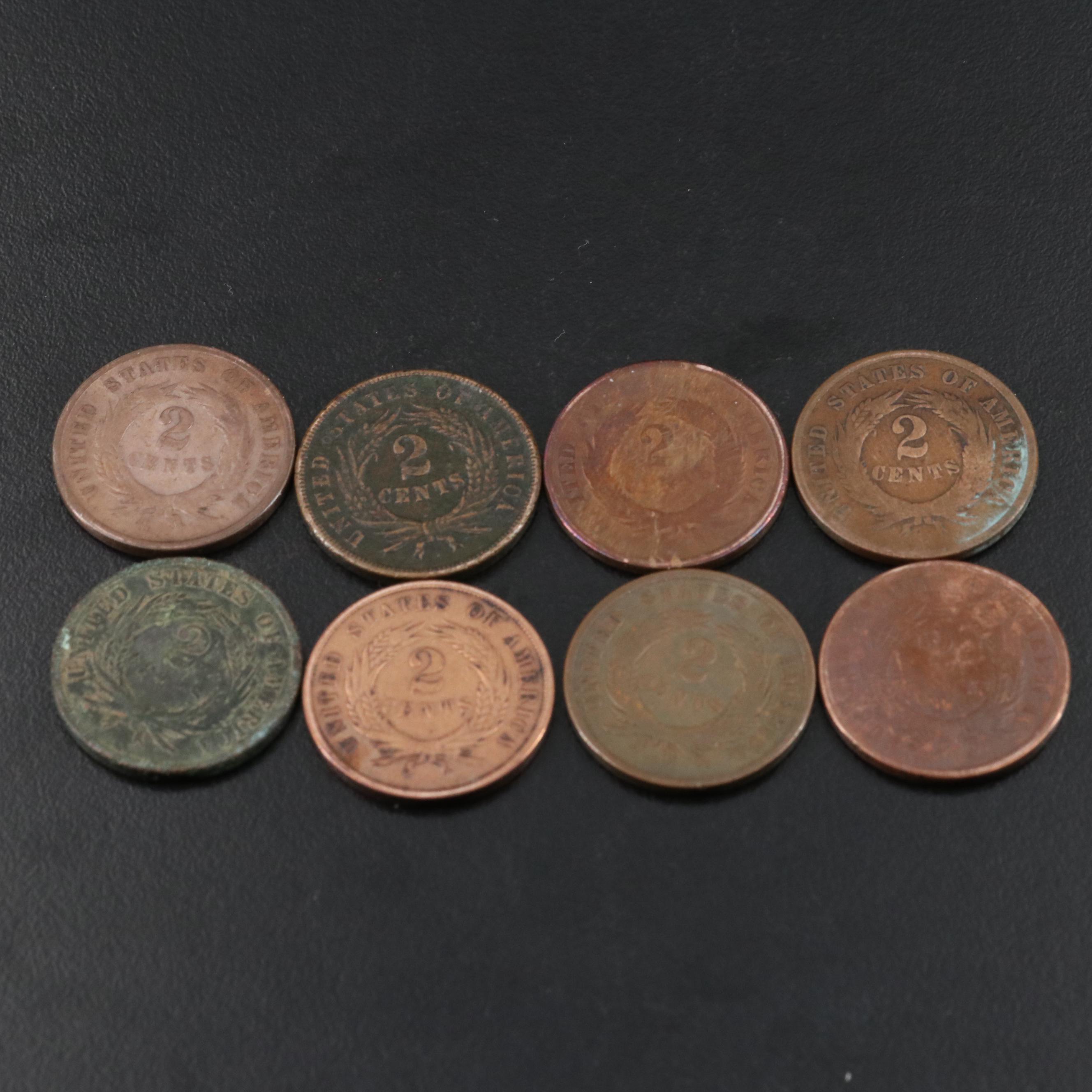 Group of Eight United States Two Cent Coins