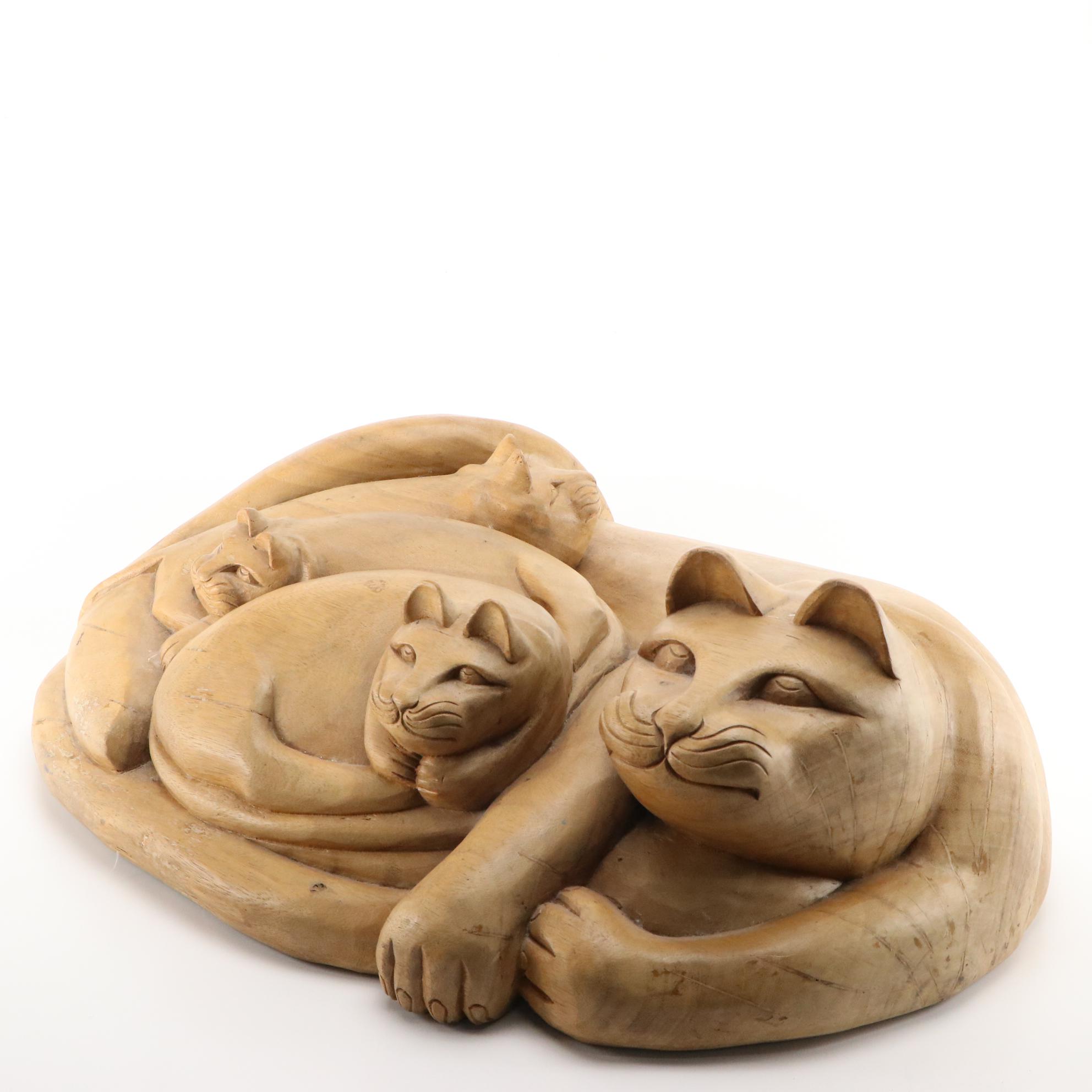 Mexican Folk Art Carved Wood Sculpture of Mother Cat and Kittens