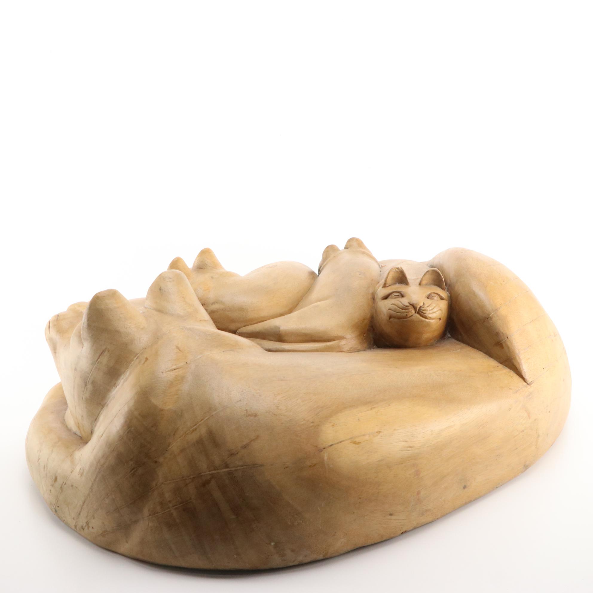 Mexican Folk Art Carved Wood Sculpture of Mother Cat and Kittens