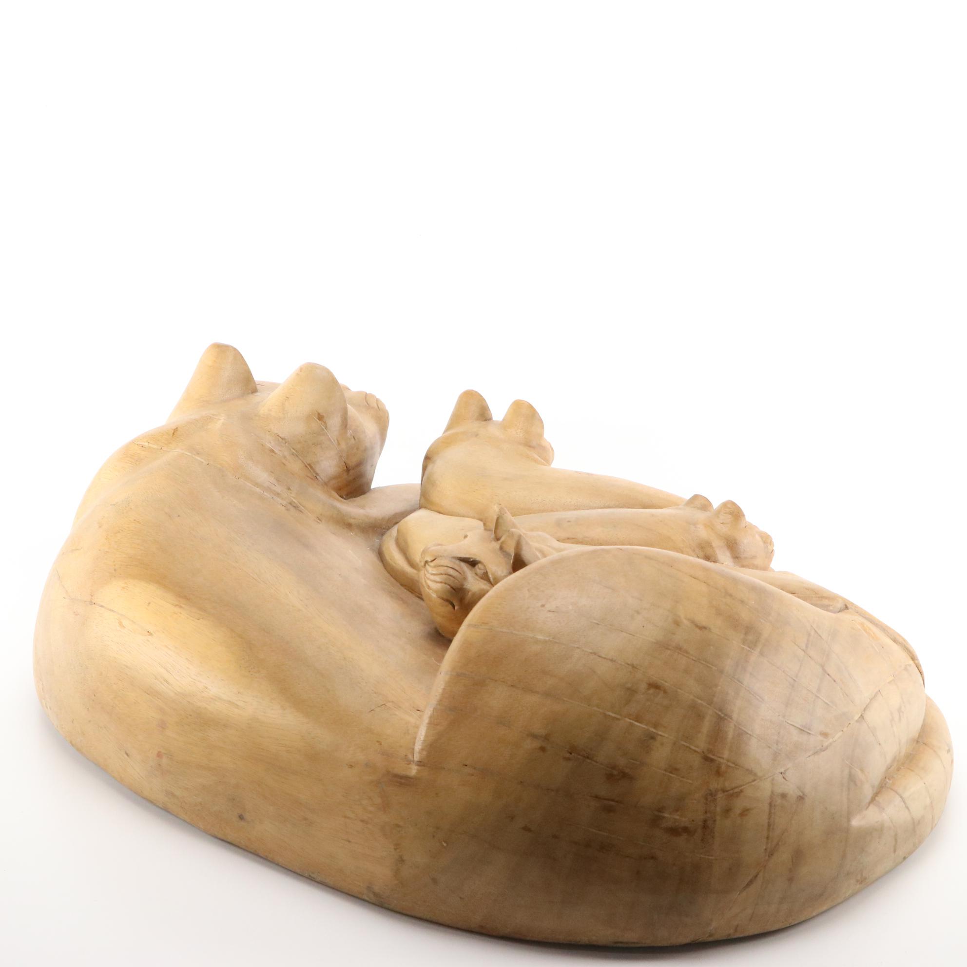 Mexican Folk Art Carved Wood Sculpture of Mother Cat and Kittens