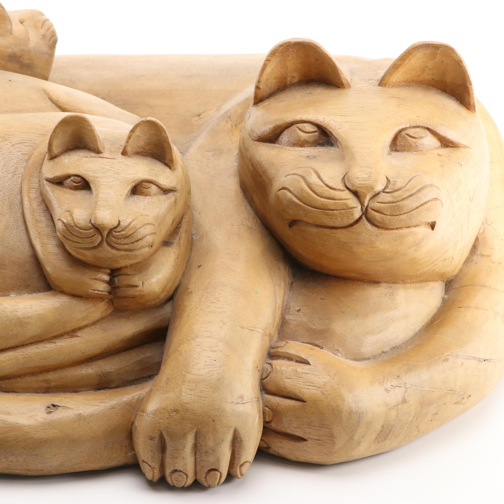 Mexican Folk Art Carved Wood Sculpture of Mother Cat and Kittens